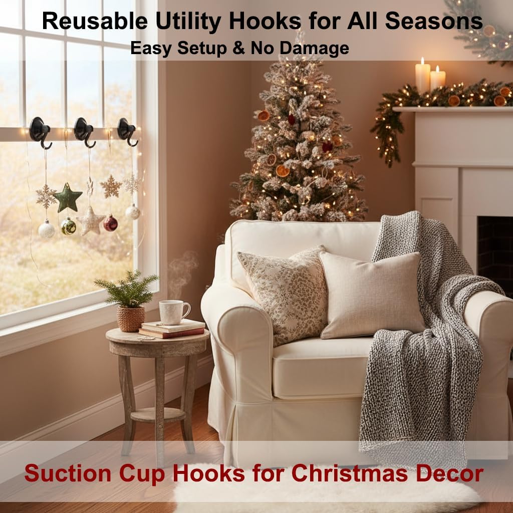 Suction Cup Hooks, Powerful Vacuum Wreath Hangers for Glass Door or Window, Set of 4, Black