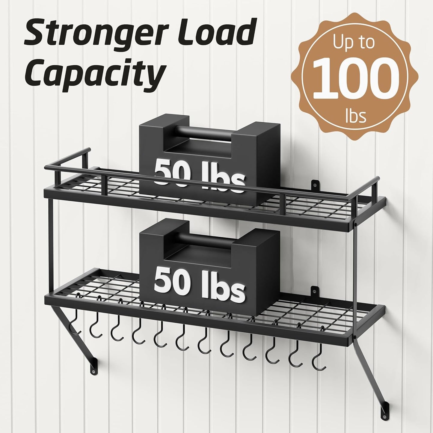 KES 30-Inch Kitchen Pot Rack - Mounted Hanging Rack for Kitchen Storage and Organization - Matte Black 2-Tier Wall Shelf with Guard Rail for Pots and Pans Organizer with 12 Hooks - KUR215S75B-BK