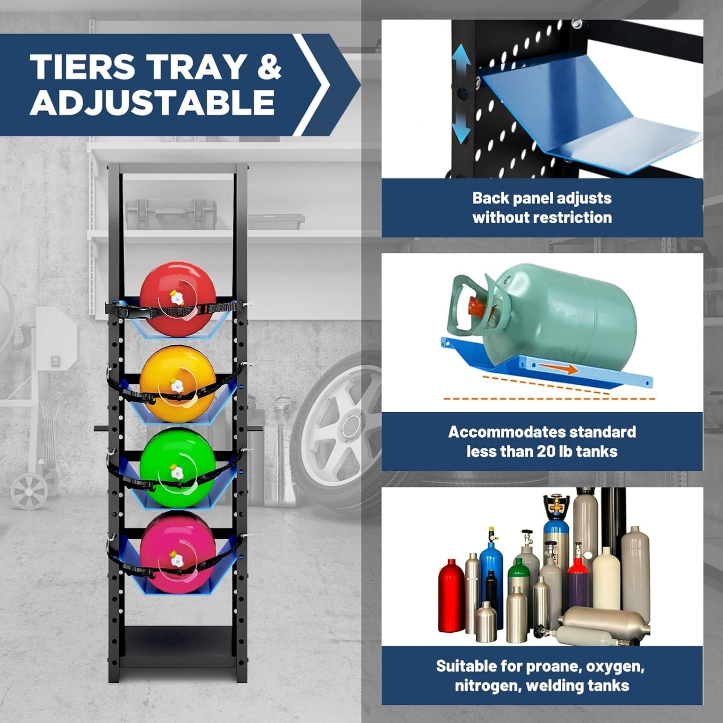 4-Tier Heavy Duty Oxygen Tank Holder, Propane Tank Storage Rack, Industrial Refrigerant Cylinder Rack with Reinforced Shelves for Cargo Van Workshop Garage Organization