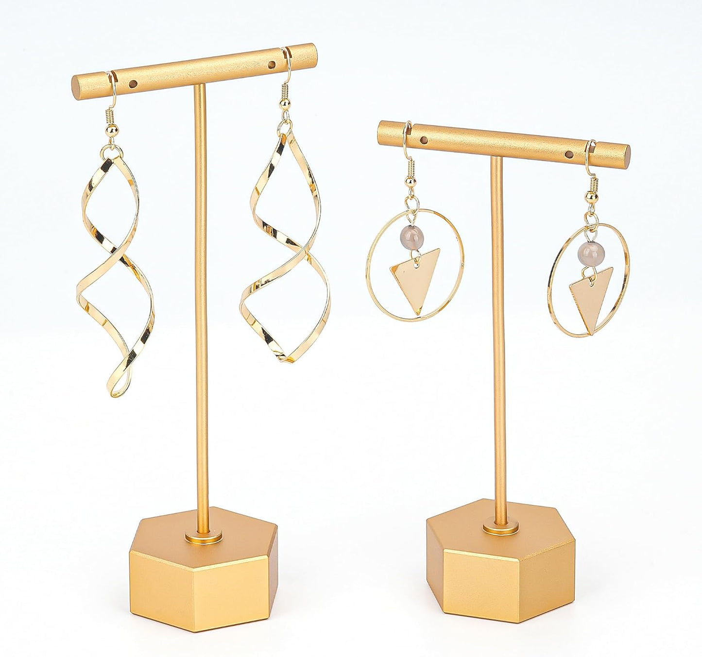 Metal Earring Stand Display Hexagon Base Earring T Bar Display Necklace Bracelet Ring Ear Studs Jewelry Display Rack for Vendors Photography and Showcase, Gold 2pcs Height 5.31" and 4.52"