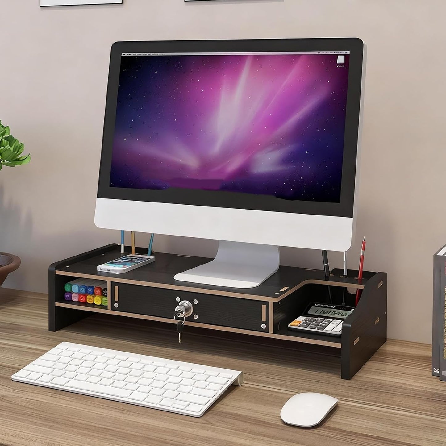 Desktop Computer Elevated Stand 48.8x20x10.5cm, Wooden Monitor Riser with Drawer, Organizer Shelf for Laptop, Printer, PC, TV Screen, Home, Dorm, Office
