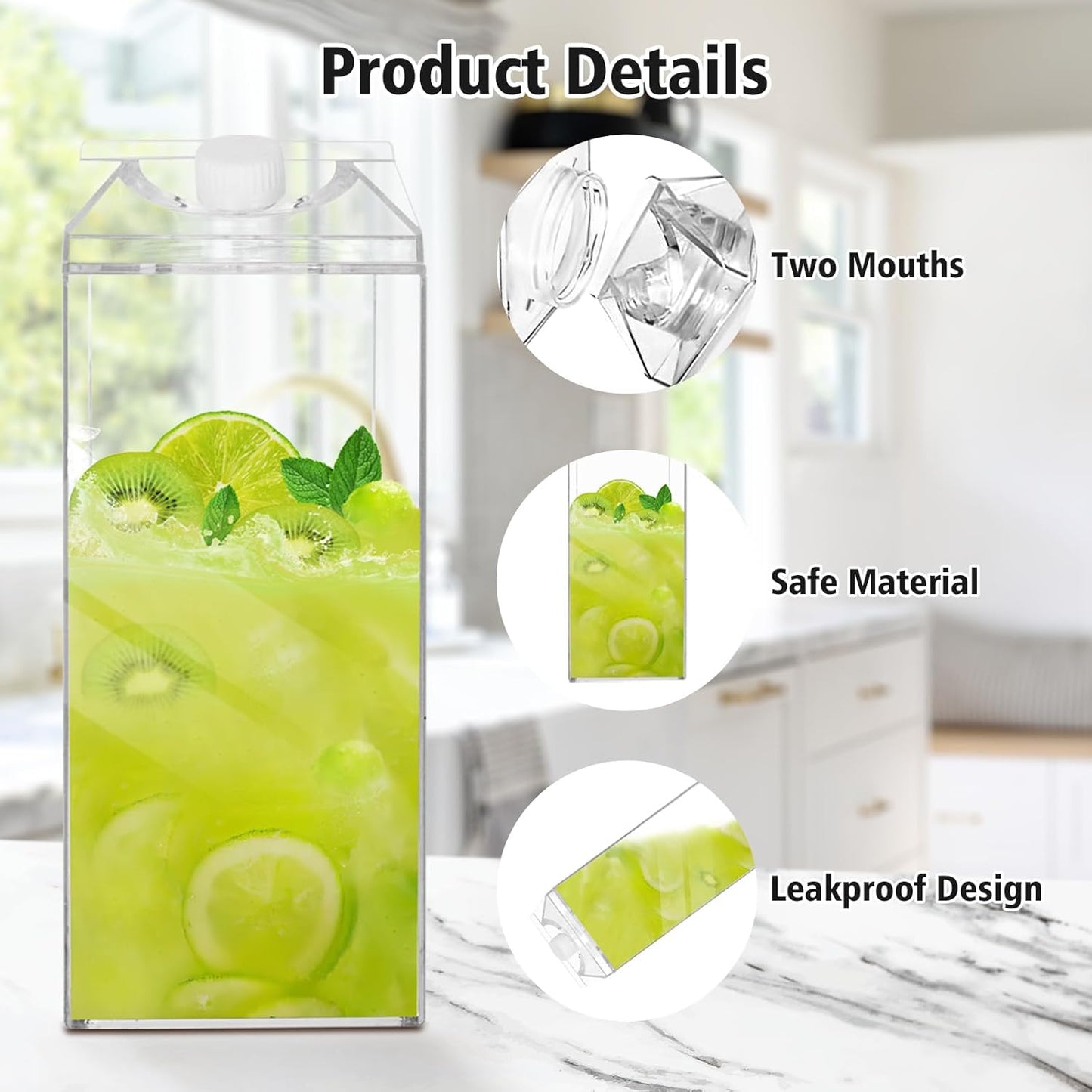 64 Oz Large Clear Milk Carton Container Plastic Square Milk Water Bottle Milk Container for Refrigerator for Outdoor Climbing Tour or Camping (2 Pcs)