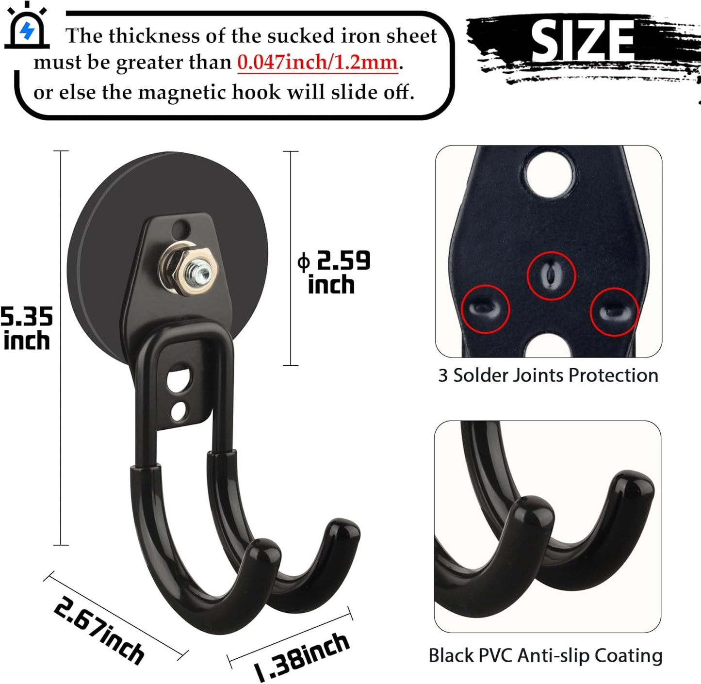 ULIBERMAGNET Garage Strong Magnetic Hooks, 2 Pack Black Heavy Duty Large J Hooks with Magnet, Anti-Slip Coating Magnet Hooks for Garden Tools, Ropes,Drill