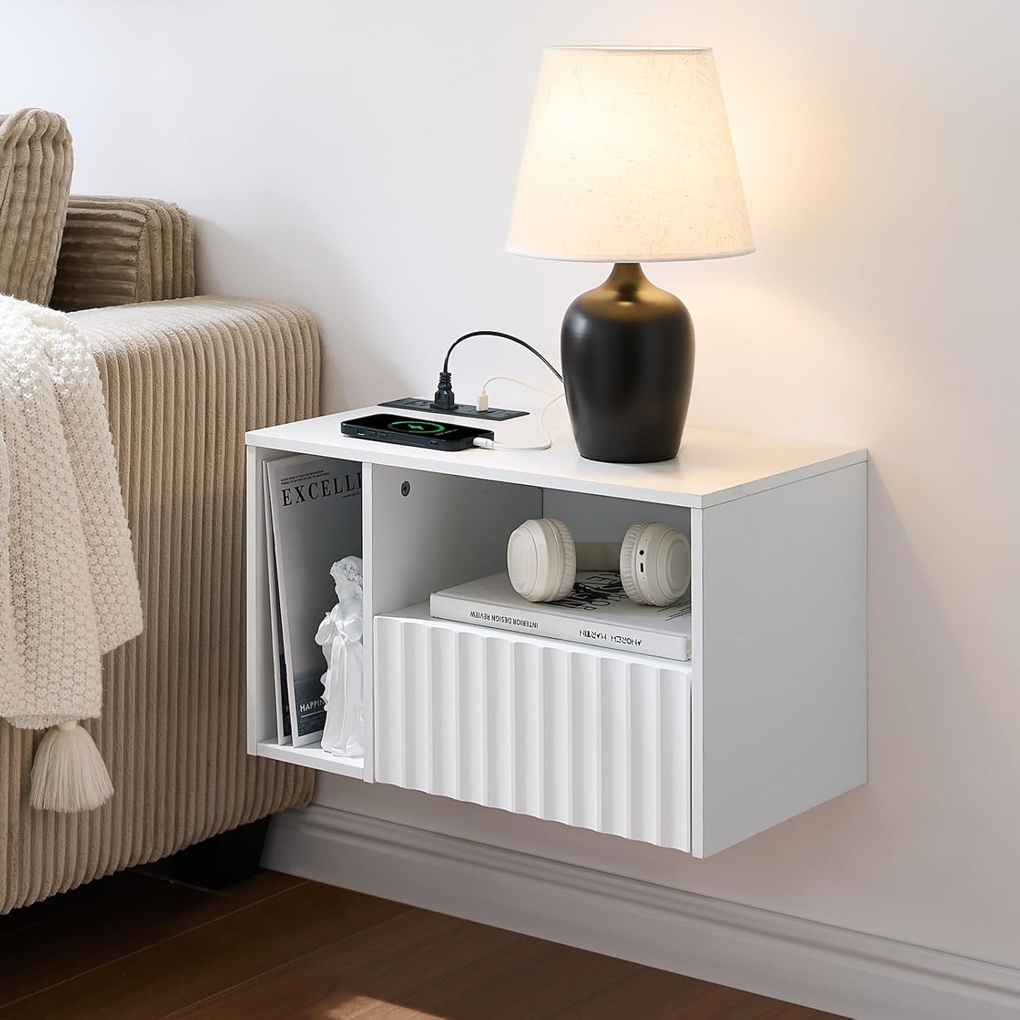 Modern Matte White Fluted Floating Nightstand with Charging Station, NightStand with Drawers, Bedside with USB Ports and Outlets, Bedroom Furniture(Left)