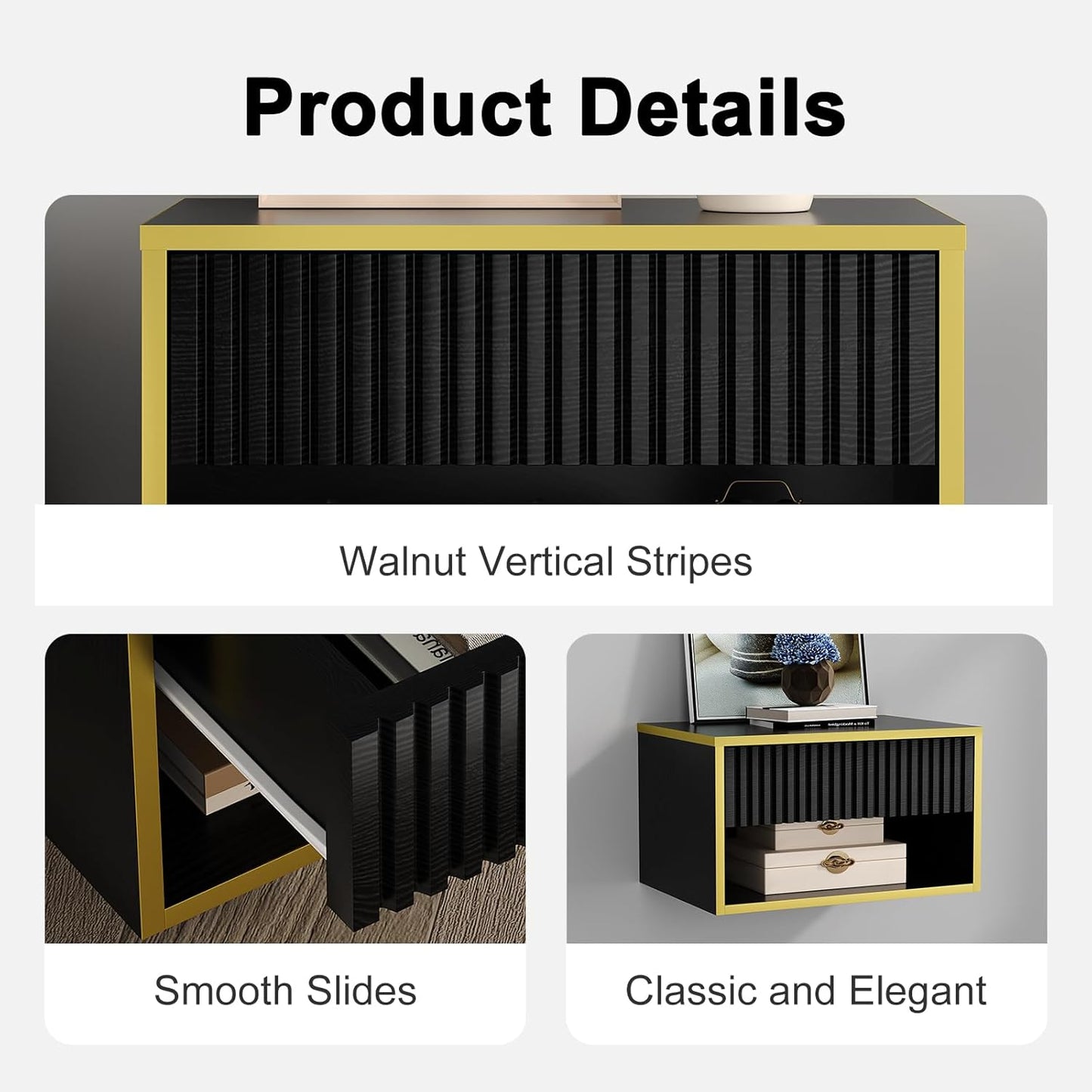 4ever2buy Floating Nightstand with Fluted Drawer, Modern Wall Mounted Nightstand with Open Shelf, Black and Gold Night Stand for Bedroom, Black