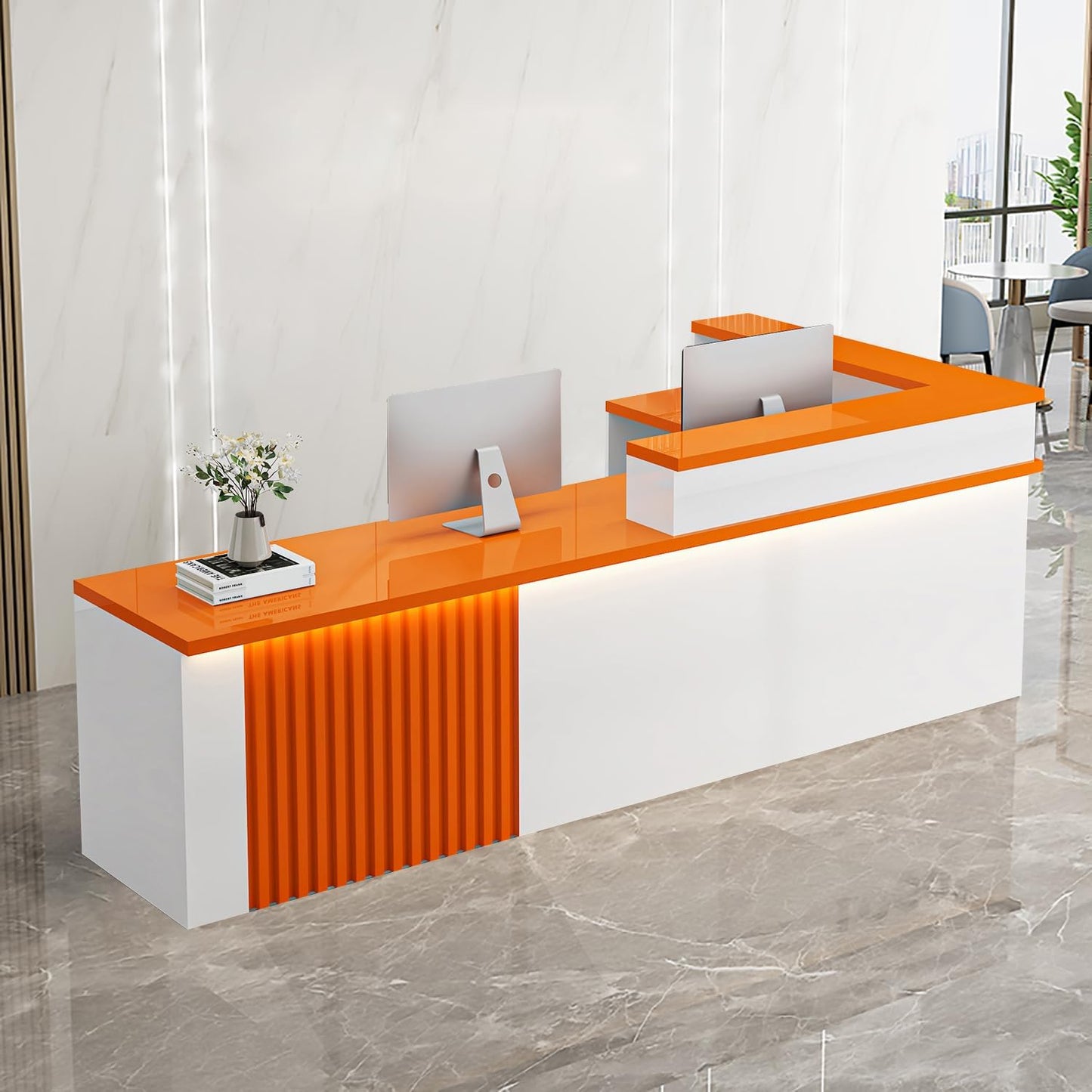 Receptionist Desk with LED Light，Wooden Salon Checkout Counter with Storage Drawer & Keyboard Tray Modern L-Shaped Reception Desk for Barbershop Office Company Store