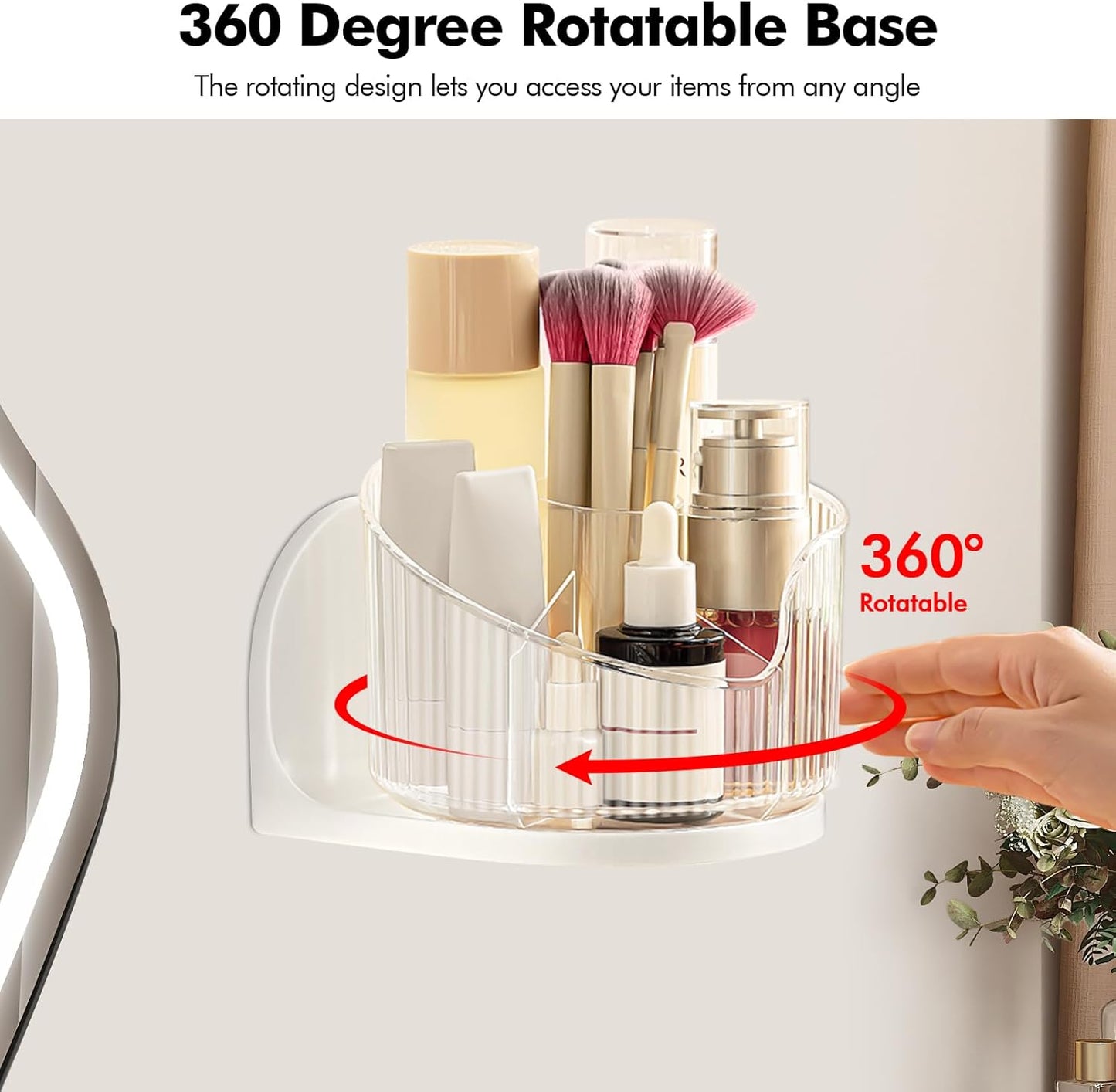 Poeland Wall Mounted Makeup Brushes Organizer, 360 Rotating Makeup Holder with 6 Compartments for Skincare Products, Makeup Brushes