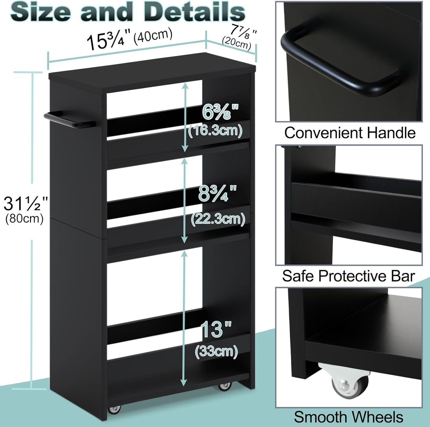MARTY Rolling Storage Cart 7.9" W, 4-Tier Kitchen Cart with Wheels Handle, Slim Storage Cart Mobile Shelving Utility Carts for Bathroom Laundry Room Organization Narrow Places (All Black)