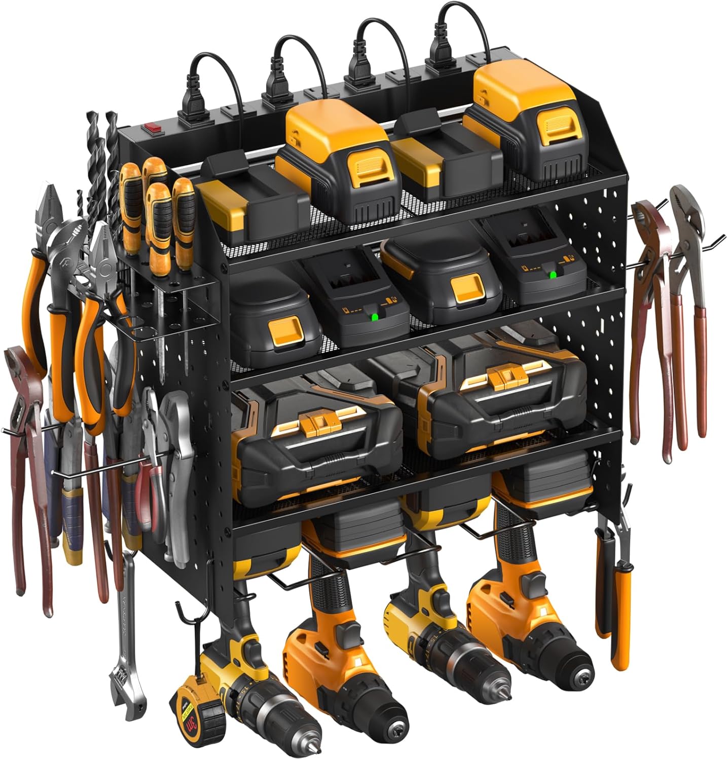 CCCEI Modular Pegboard Rack Power Tool Organizer with Charging Station. 4 Layer Wall Mount Drill Holder, Tools Battery Charger Organizer. Garage Shop Storage Utility Shelf with 6FT Power Strip. Black