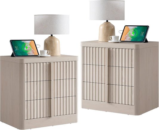 23.6" Nightstand Set of 2 with Charging Station, Side Table with 3 Large Storage Drawers, Mid Century Modern Night Stand with Solid Wood Handle, Bedside End Table for Bedroom, Living Room