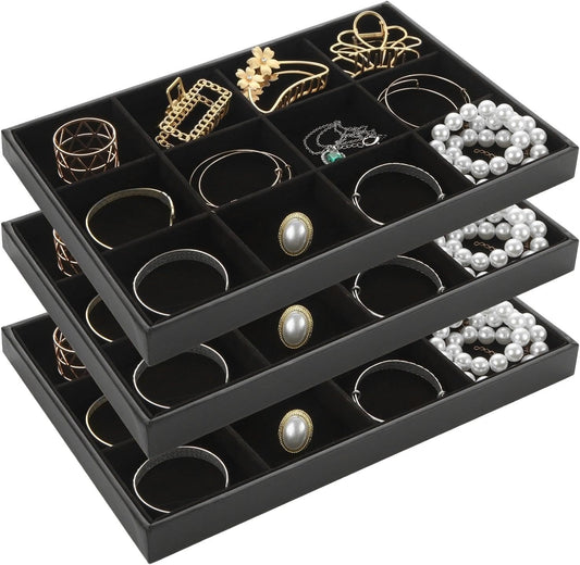 STARVAST 3 Pcs Stackable Velvet Jewelry Organizer Trays, 12 Grids Jewelry Organizers and Display Case Storage for Earrings Bracelets Necklace Rings, Jewelry Trays Drawer Insert