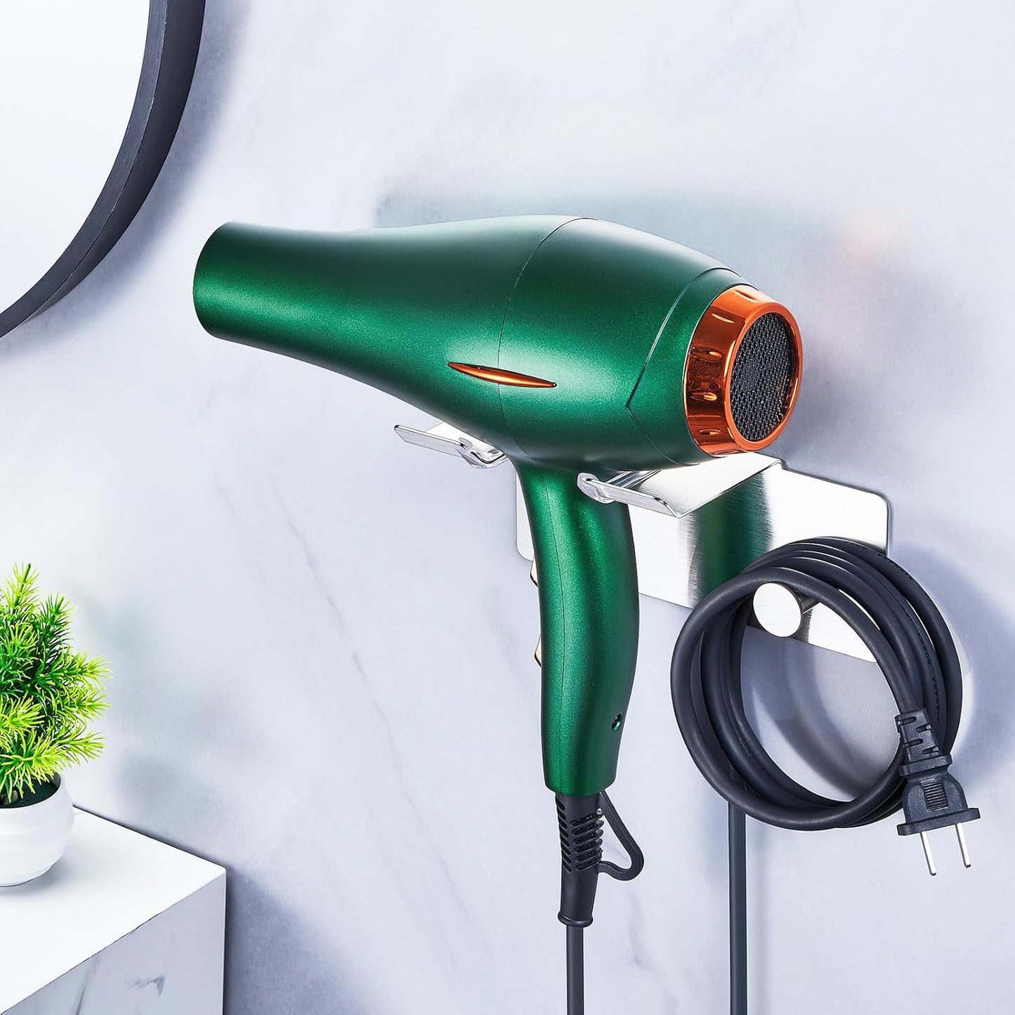 Hair Dryer Holder Wall Mount, Blow Dryer Holder for Wall, Adhesive Hairdryer Holder, Stainless Steel Blowdryer Holder, Bathroom Hair Tool Organizer, Hair Dryer Hanger Hook with Cord Storage (Silver)