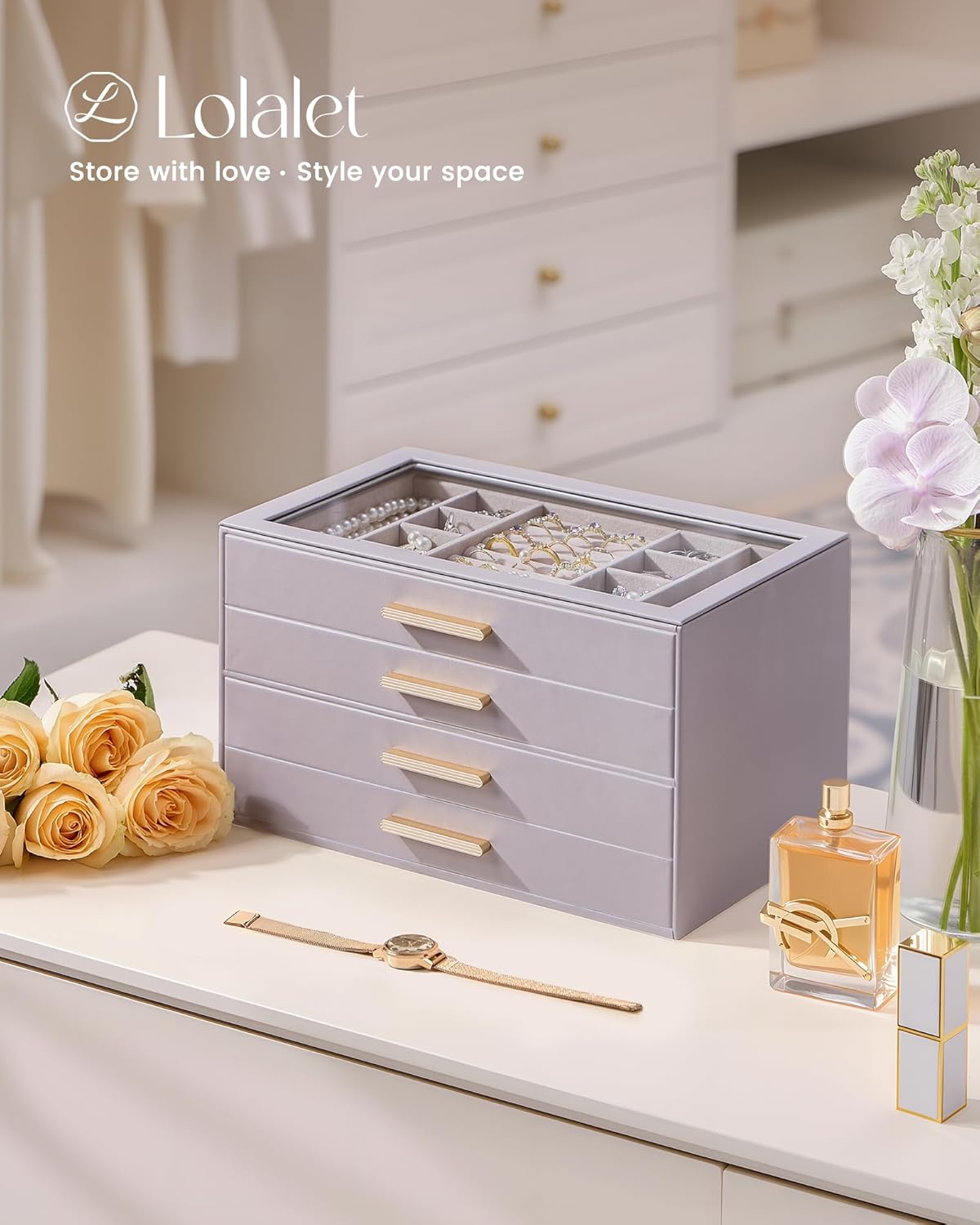 Lolalet Jewelry Box Organizer, 4-Layer Jewelry Organizers and Storage Case with Glass Lid, Ring Earring Bracelet Necklace Holder Organizer, Birthday Christmas Gifts for Women Girls -4Layer, HazePurple
