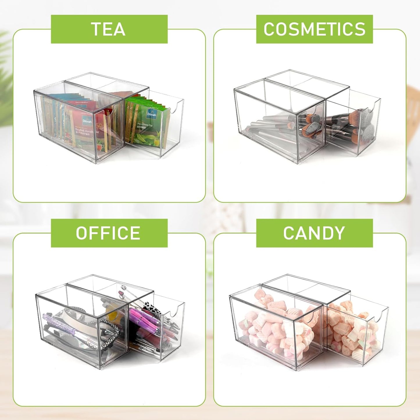 Ettrick 4 Pack Stackable Tea Bag Organizer, Clear Acrylic Tea Bag Drawer for Drawer, Pantry, Kitchen, Cabinet, Countertop