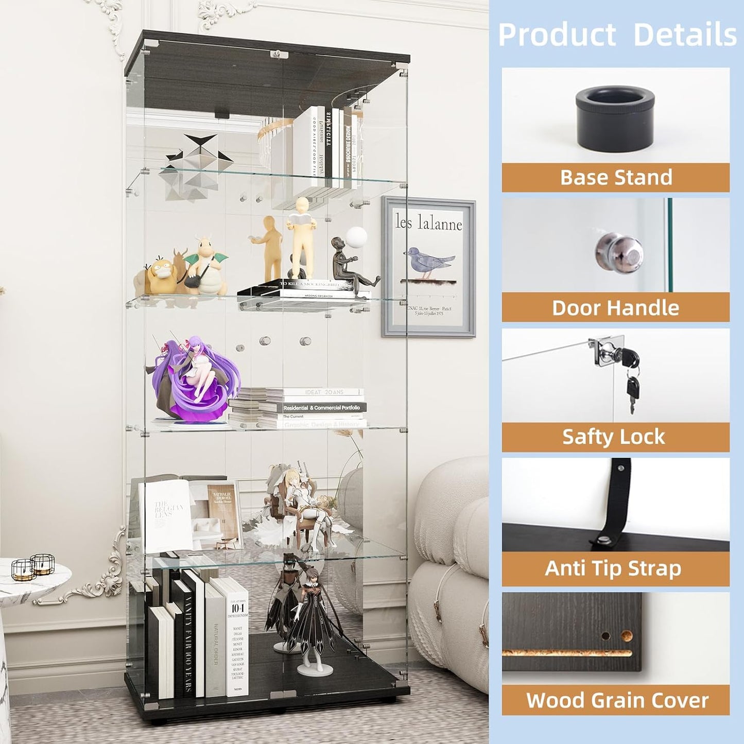 Beauty4U Glass Display Cabinet with Mirror Back Panel, 5 Shelves with 2 Doors, Curio Cabinets for Living Room, Bedroom, Office, Black Floor Standing Glass Bookshelf, Quick Installation