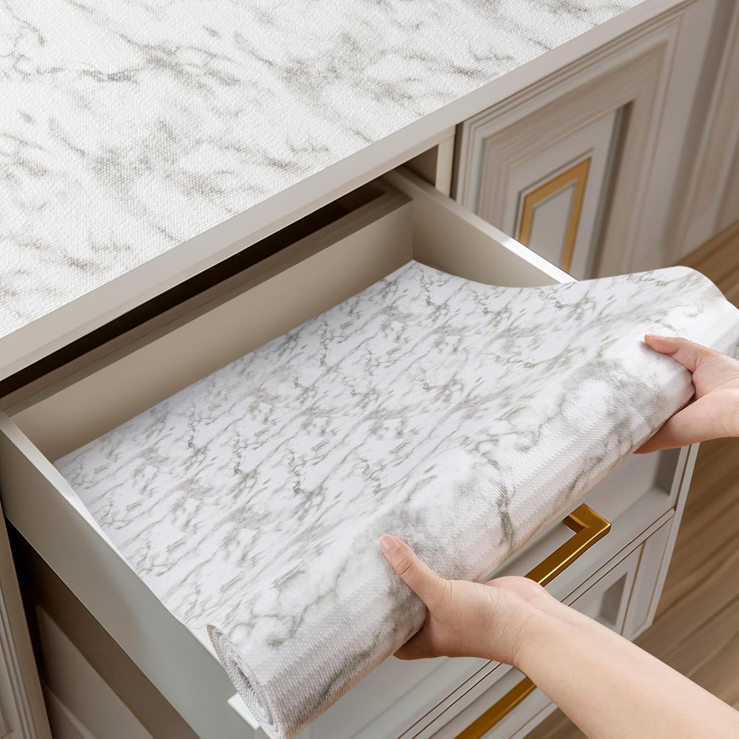 Shelf and Drawer Liner for Kitchen Cabinets Non-Adhesive, Strong Grip Non-Slip Thickened Cabinet Liners for Shelves, Waterproof Mats for Dresser Cupboard, White, 23 in x 30 Feet