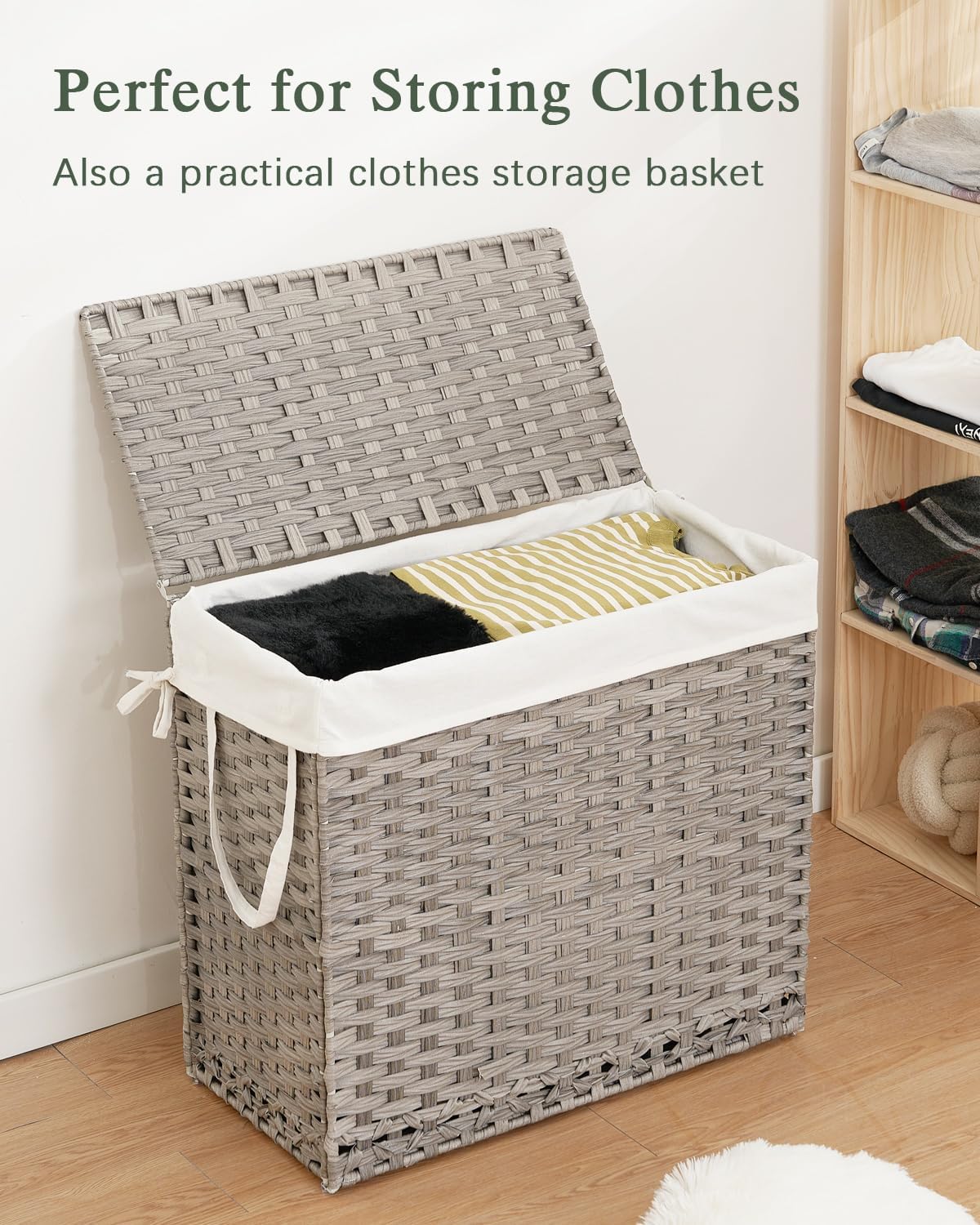 Laundry Hamper with Lid Laundry Basket 132 L (35 Gal) Wicker Clothes Hamper, Handwoven Rattan Hamper with Handles and 4 Removable Liner Bags, 6 Mesh Bags for Laundry Bedroom Gray