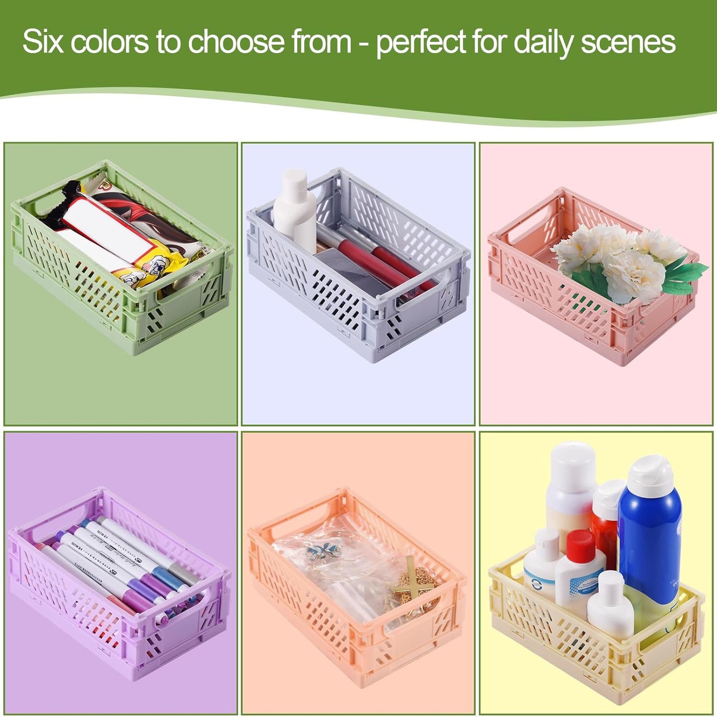 6-Pack Small Pastel Plastic Storage Baskets, Collapsible Crates for Organizing, Space-Saving Mini Bins for Classroom, Kitchen, Office, Bedroom (5.9" x 3.8" x 2.2")