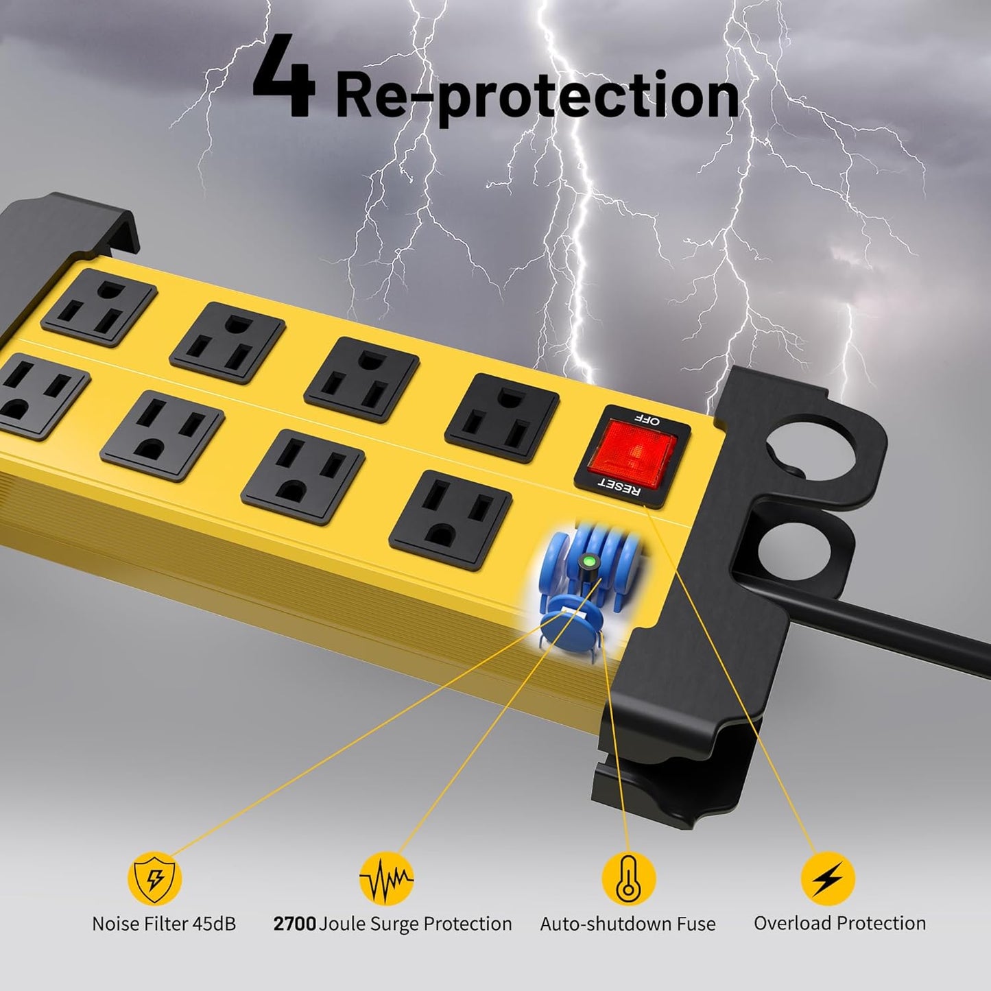 8 Outlet Heavy Duty Power Strip, 2700J Surge Protector with 15FT Extension Cord, Industrial Metal Powerstrip 15Amp, Wall Mount for Garage Workshop Outdoor Home Office, Wide Spaced (15ft)