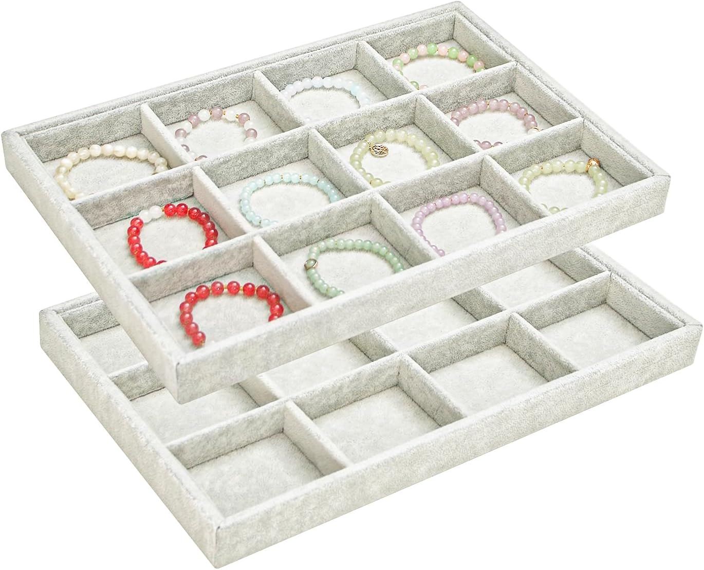 2pcs/Set Velvet Jewelry Tray, 12 Grids Large Storage Tray for Bracelet Bangle Beads Display, Jewellery Organizer Box Tray for Home Drawer or Shop Store Selling Show (Grey Velvet)