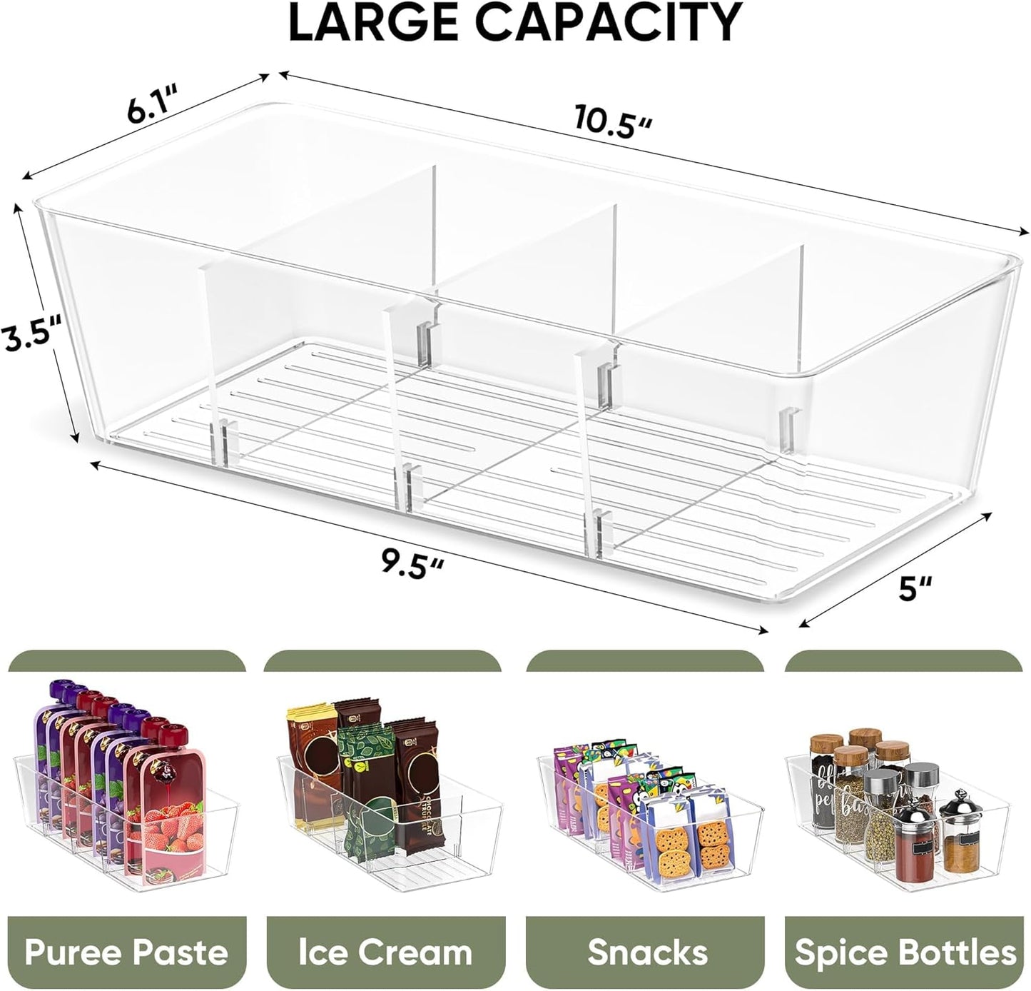BALEINE Pantry Organizers and Storage Bins, Plastic Clear Storage Bins with 3 Removable Dividers, BPA-Free Fridge Organizers for Kitchen Cabinet Bathroom (10.5x6.1x3.5, 6PK)