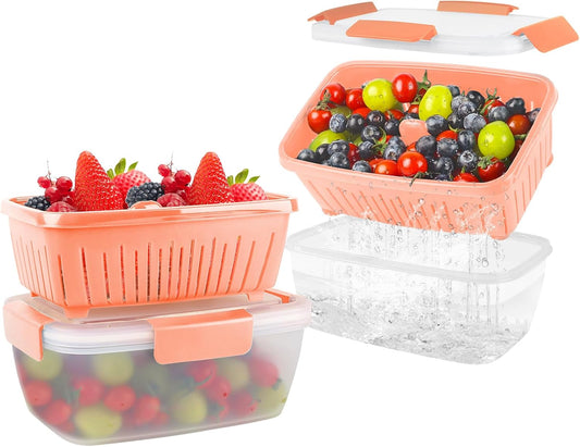 68oz Berry Keeper Fruit Storage Container for Fridge, Fresh Food Produce Saver Containers with Removable Drain Colanders, Vegetable Lettuce Keeper Bowl, Refrigerator Organizer, PRESS TO OPEN CLOSE LID