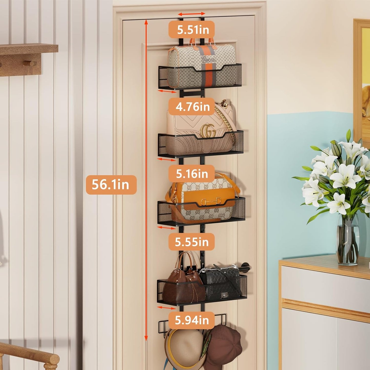 Purse Organizer Over The Door,Adjustable Durable Metal Purse Holder Handbag Purse Organizer for Closet with 5 Hooks Medium