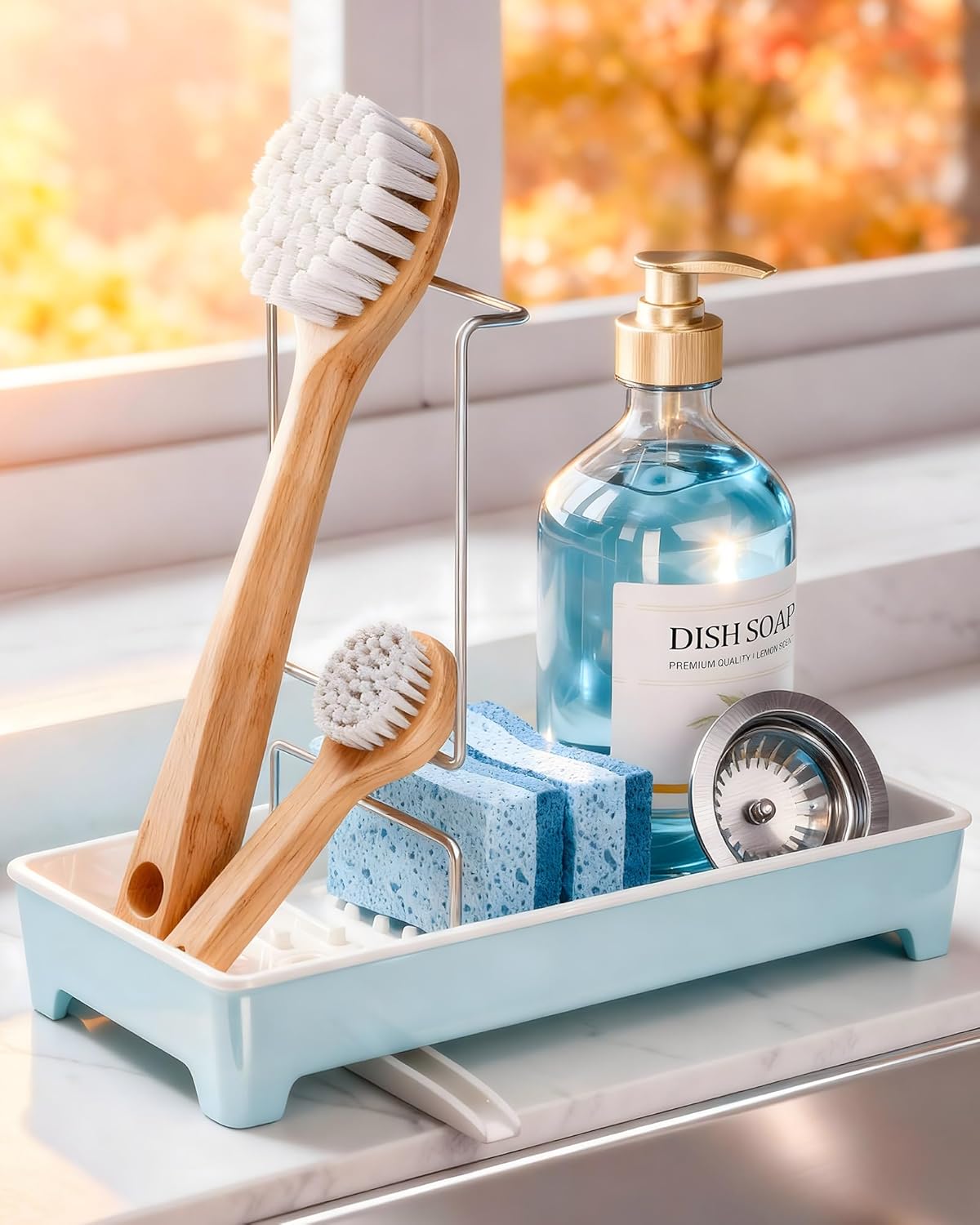 Ceramic-Look Sink Caddy, Rustproof Sponge Holder for Kitchen Sink with 304 Stainless-Steel Brush Holder, Countertop Rack Organizer with Raised Ridges & Silicone Drain Tube (Pastel Blue)
