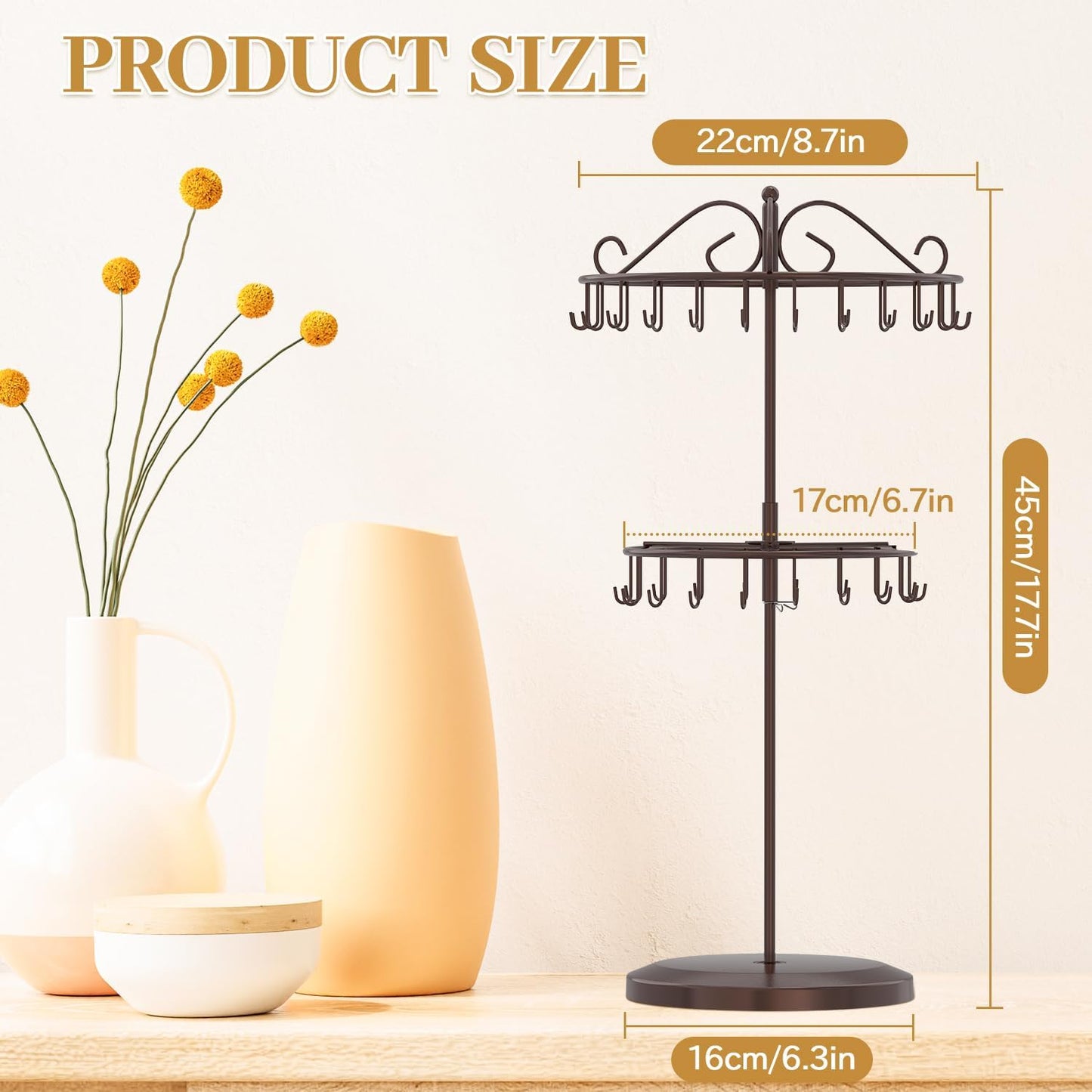 MODOWEY Rotating Necklace Holder Organizer Display Stand with 42 Hooks, 2 Tier Adjustable Metal Tree for Long Necklace Hanger Selling, Tall Spinning Bracelet Storage Rack for Men Women, Espresso Brown