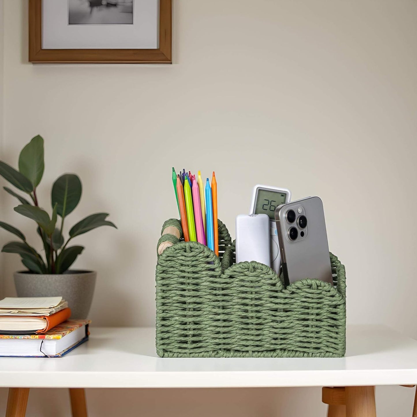 CubesLand Scalloped TV Remote Control Holder Bedside Candy Organizer, Office Desk Storage Organizer Accessories, Pen Pencil Cup, Makeup Brush Holder, Fits Farmhouse Rustic Decor, Earth Friendly, Green