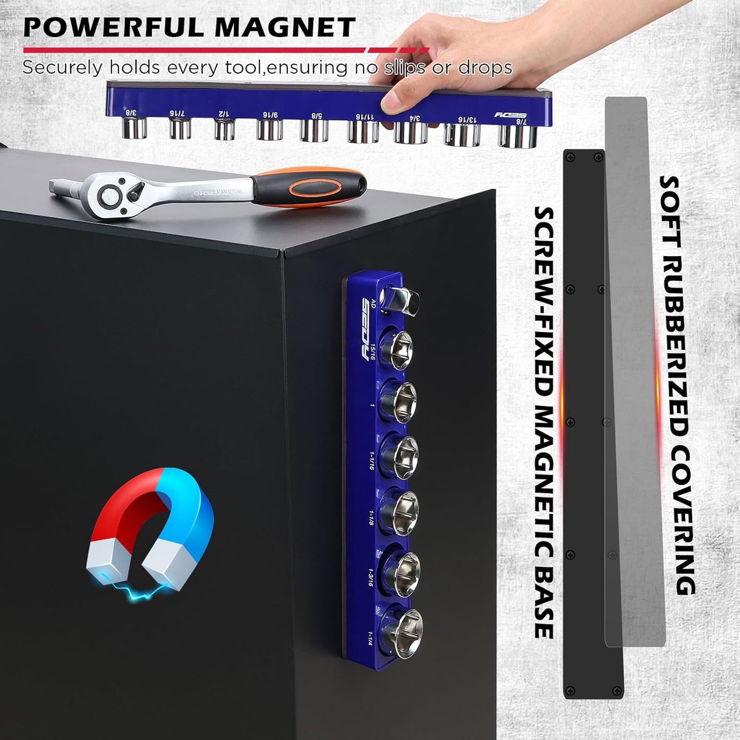 2-Piece 1/2"-Drive SAE Magnetic Socket Organizer Set (Holds 16 Sockets) - Detachable Tool Tray with 5mm Magnetic Base, Screw-Fixed Design & Heavy-Duty Modular Storage for Garage/Home Workshop