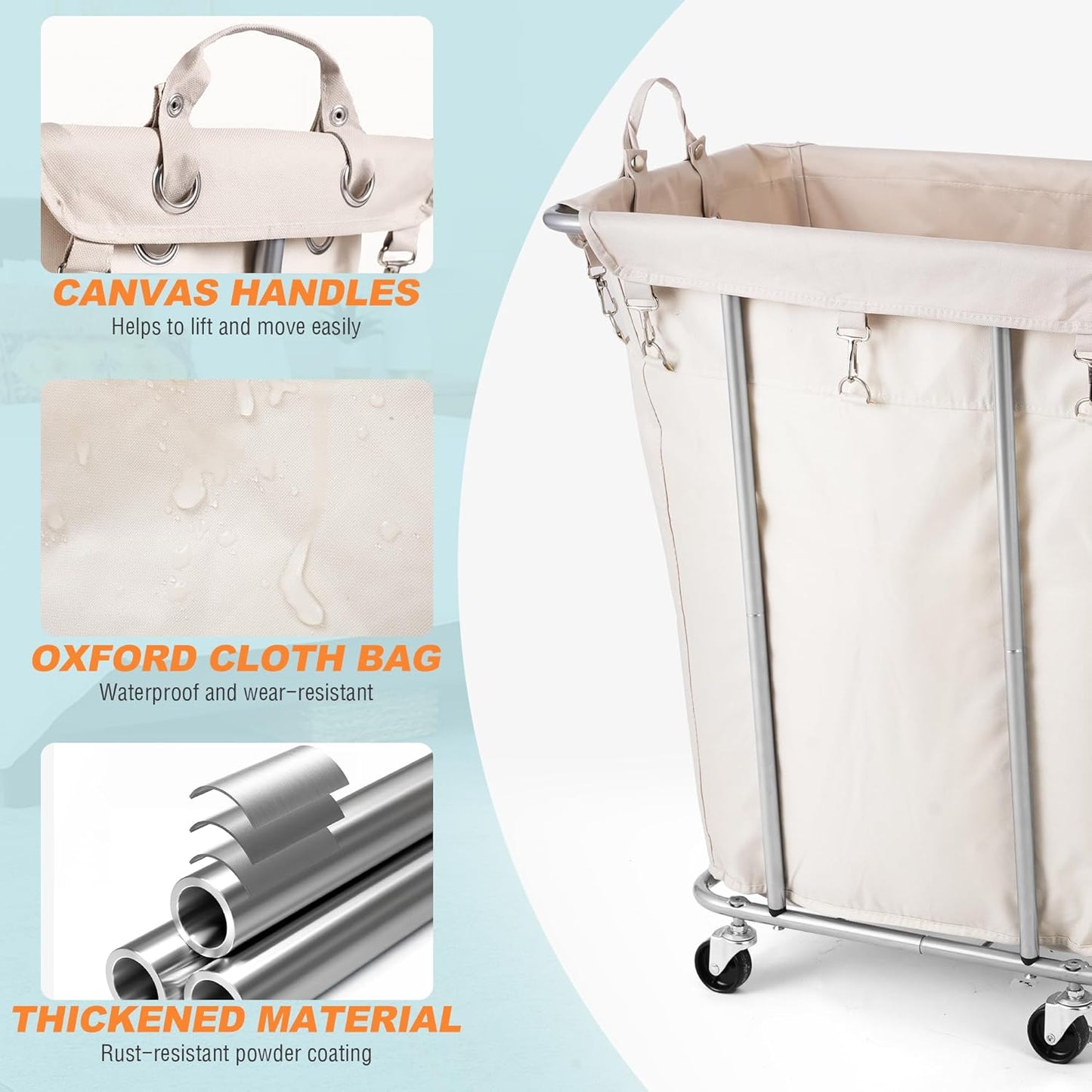 PLKOW Laundry Basket with Wheels 120L Heavy-Duty Laundry Cart with Removable Waterproof Bag, Metal Frame Clothes Basket with Lockable Casters for Home, Laundry Room, Hotel, Beige