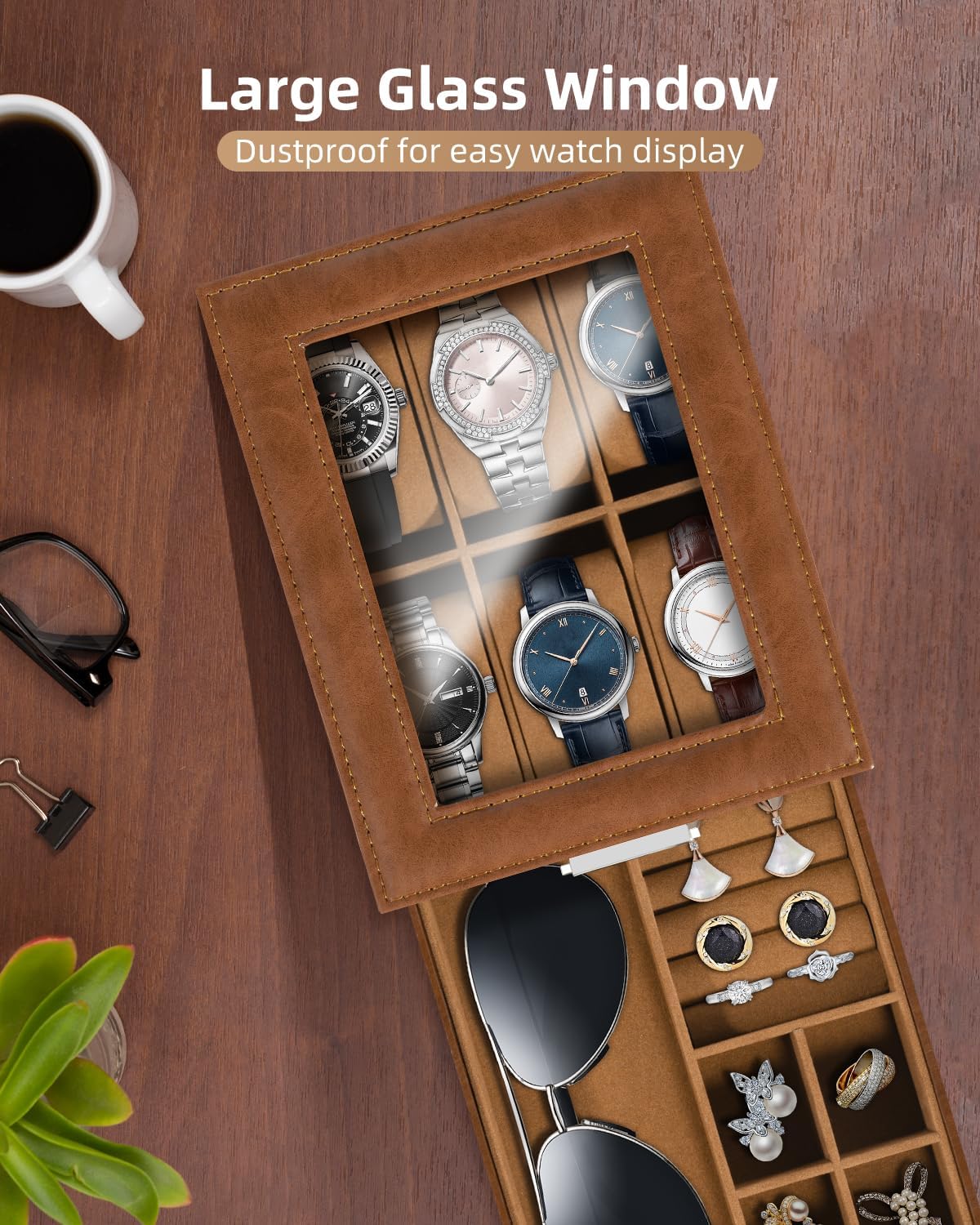 Uten 6-Slot Watch Box, 2-Layers PU Leather Watch Case with Glass Lid, Watch Holder Organizer with Soft Pillow and Velvet Lining, Watch and Jewelry Storage Box, Brown