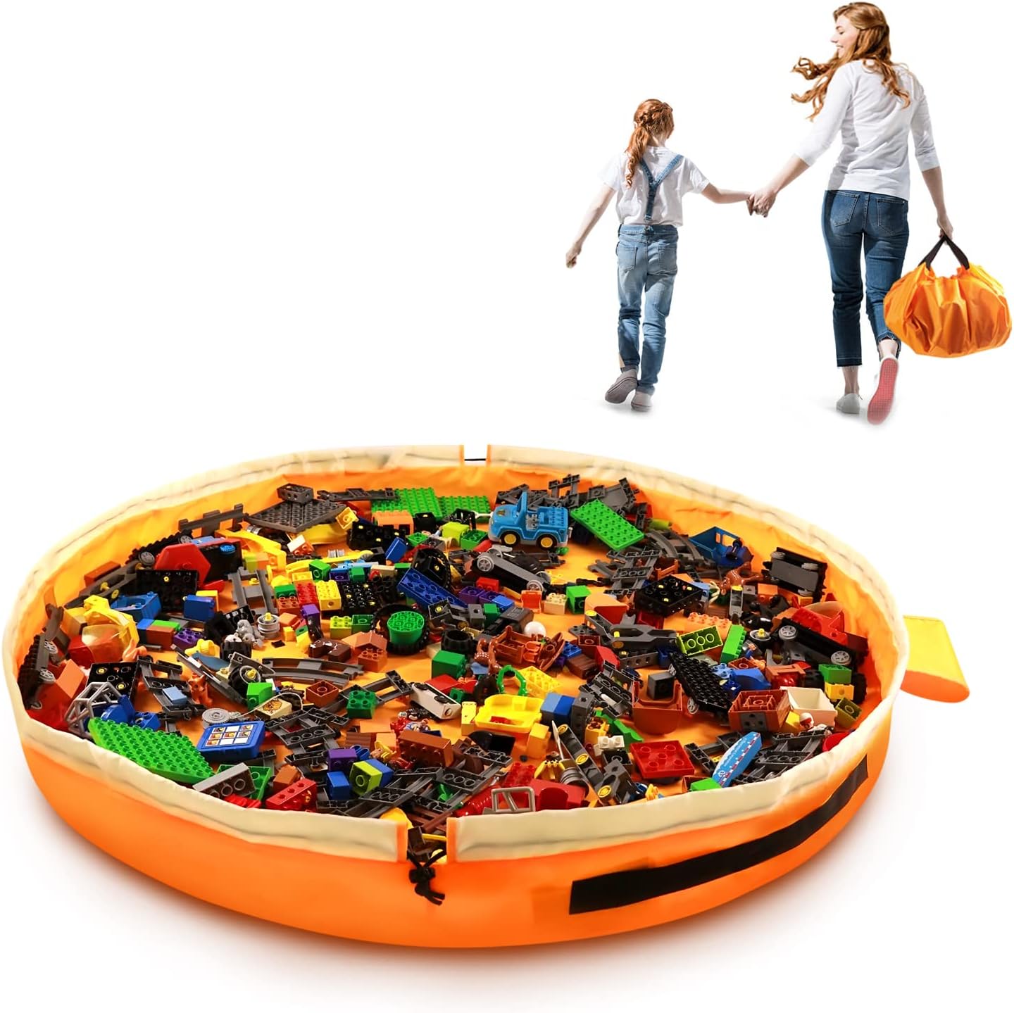 Toy Storage for Lego Play Mat Bag - Duplo Toy Organizer Storage Bag by Drawstring for Kids Tidy Toy with Lips can as Gift (Orange 47 inch)