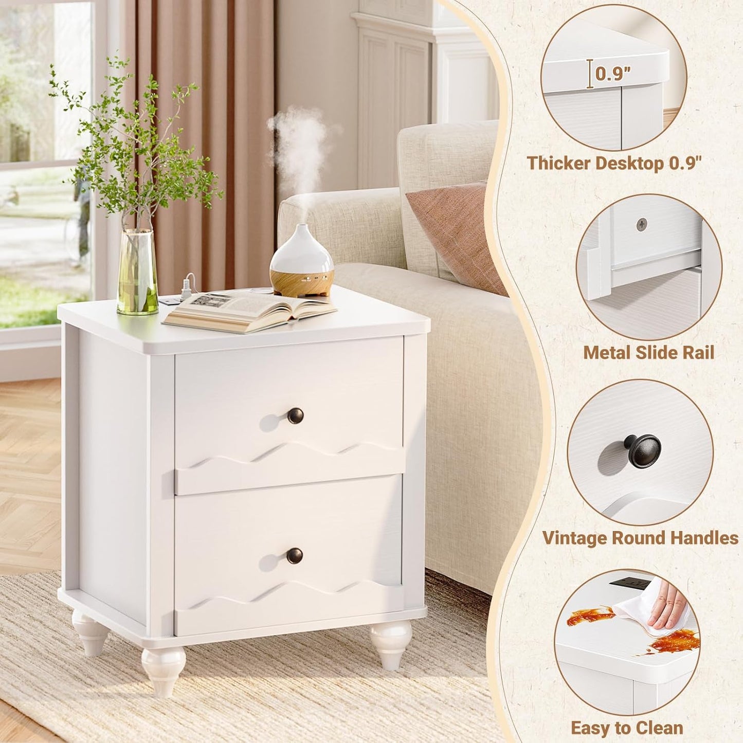 Cyclysio Nightstand Set of 2 with Charging Station, Side End Table with 2 Drawers, Modern Wood Night Stand Set 2 with Scalloped Pattern for Bedroom, Bedside Night Tables with Solid Wood Gourd Legs
