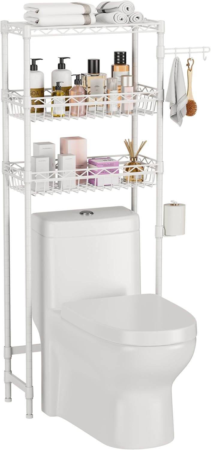 3-Tier Over-The-Toilet Storage Shelf,Heavy-Duty Adjustable Bathroom Rack with 2 Mesh Baskets,Toilet Paper Holder & Hooks,Space-Saving Organizer for Bathroom,10”D x 24”W x 66”H,White