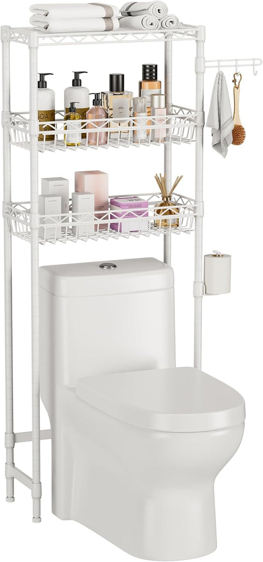 3-Tier Over-The-Toilet Storage Shelf,Heavy-Duty Adjustable Bathroom Rack with 2 Mesh Baskets,Toilet Paper Holder & Hooks,Space-Saving Organizer for Bathroom,10”D x 24”W x 66”H,White