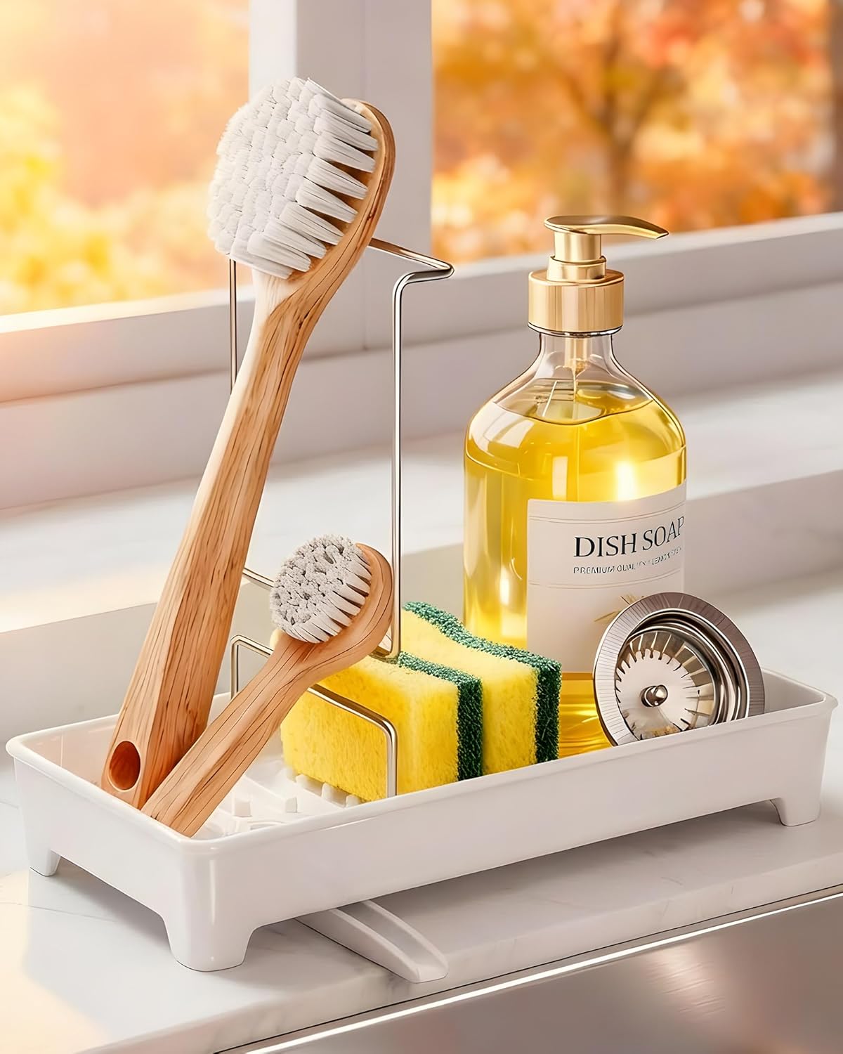 Ceramic-Look Sink Caddy, Rustproof Sponge Holder for Kitchen Sink with 304 Stainless-Steel Brush Holder, Countertop Rack Organizer with Raised Ridges & Silicone Drain Tube (Ceramic White)