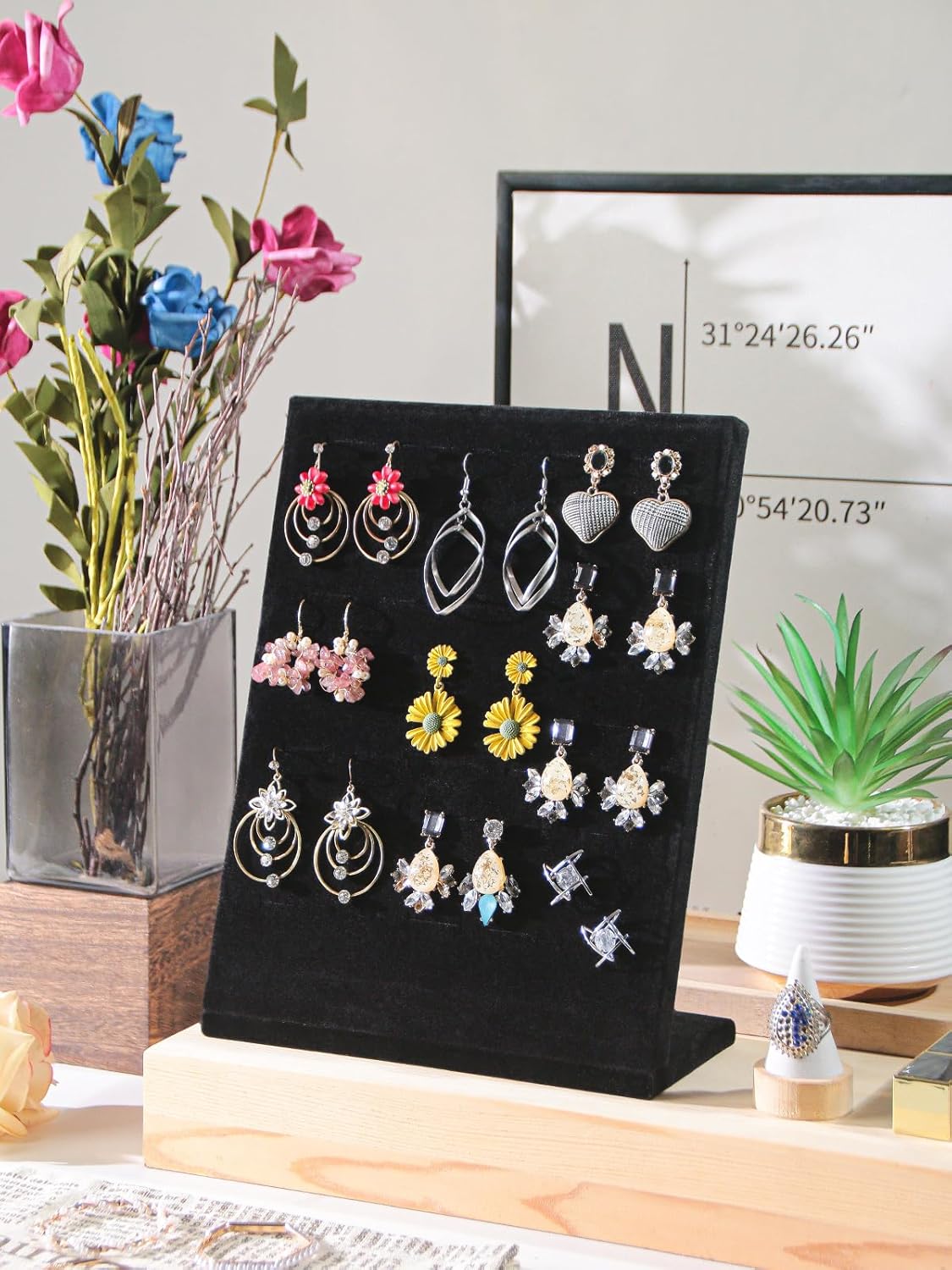 Ring Board Display Stand,Velvet Jewelry Earring Organizer Holder for Selling,Vendors Storage Tray for Multiple Rings (Black)