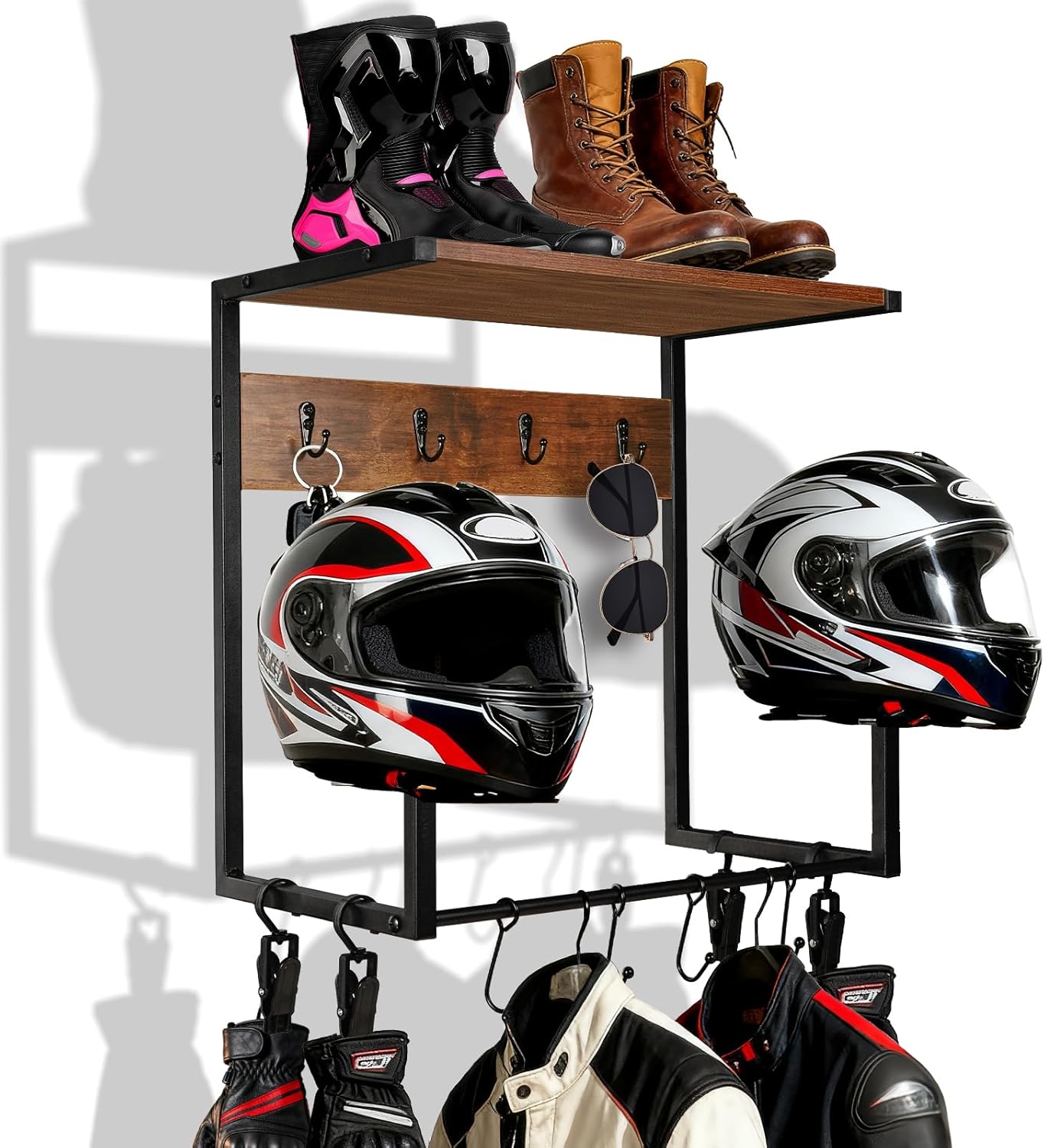 Motorcycle Helmet Holder Wall Mount, Wooden Helmet Display Stands with Metal Frame Tiered Organizer,with 2 Helmet Rack,4 Glove Chips and 8 Hooks for Motorcycle Gear Accessories Storage