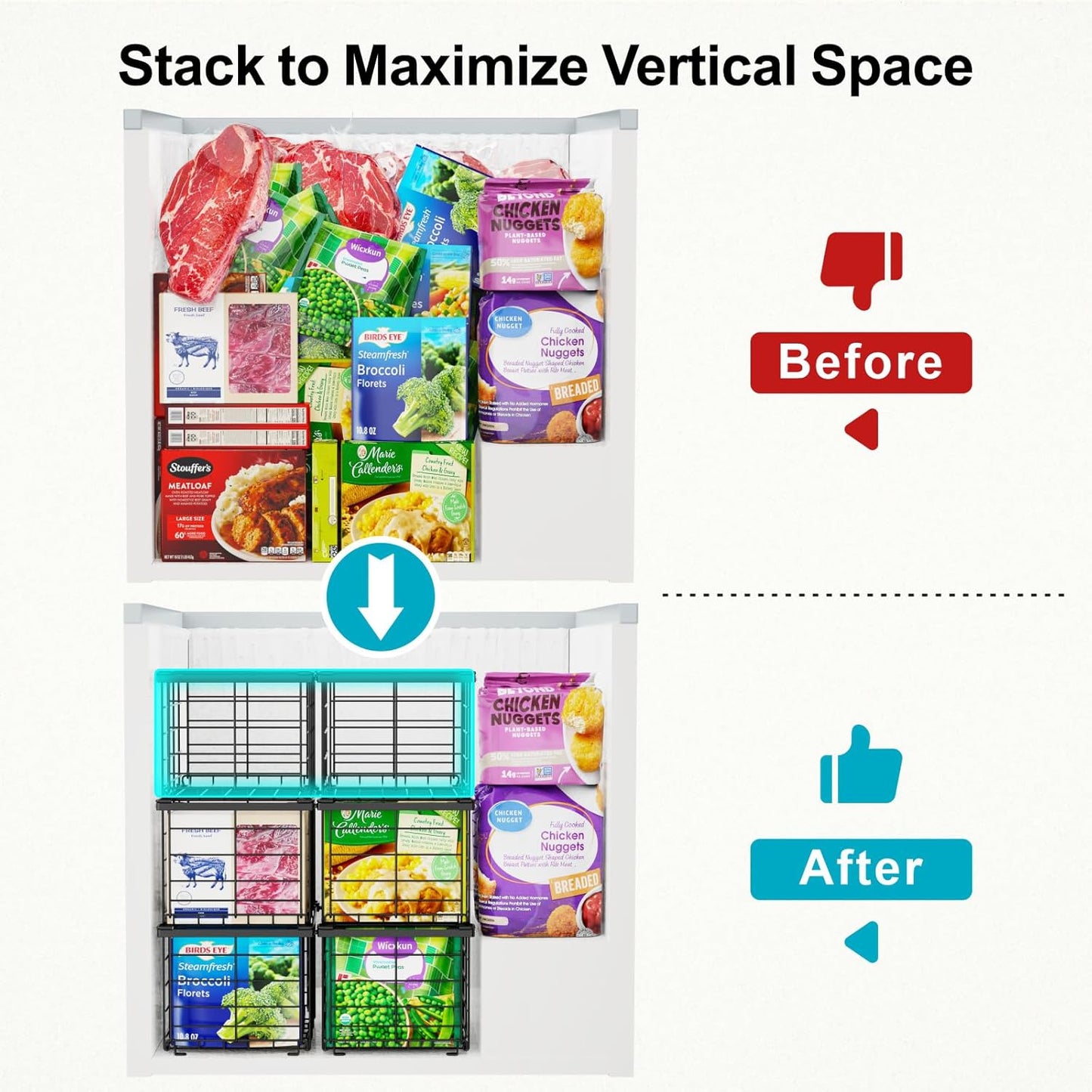 iSPECLE Freezer Organizer Bins - 3 Pack Large Deep Freezer Organizer Bins for 5 to 7 Cu.Ft Chest Freezer, Stackable Easy Access Food No More Digging, Sturdy Metal Wire Basket Not Scratch Bottom, Black
