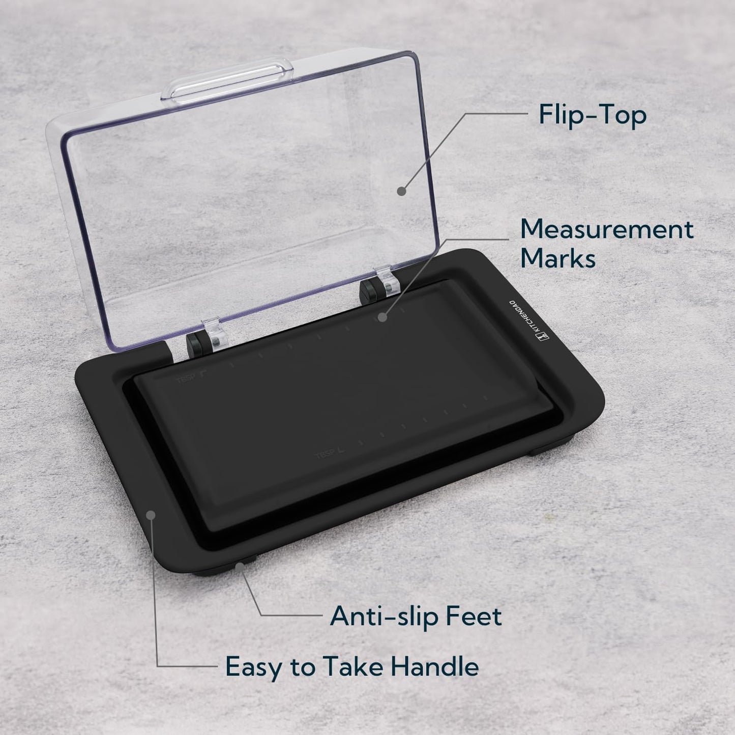 KITCHENDAO Airtight Flip-Top Butter Dish with Lid for Countertop and Refrigerator, Butter Keeper, Plastic Butter Holder Tray for 2 Sticks East Coast/West Coast/European Style/ Kerrygold Butter (Black)