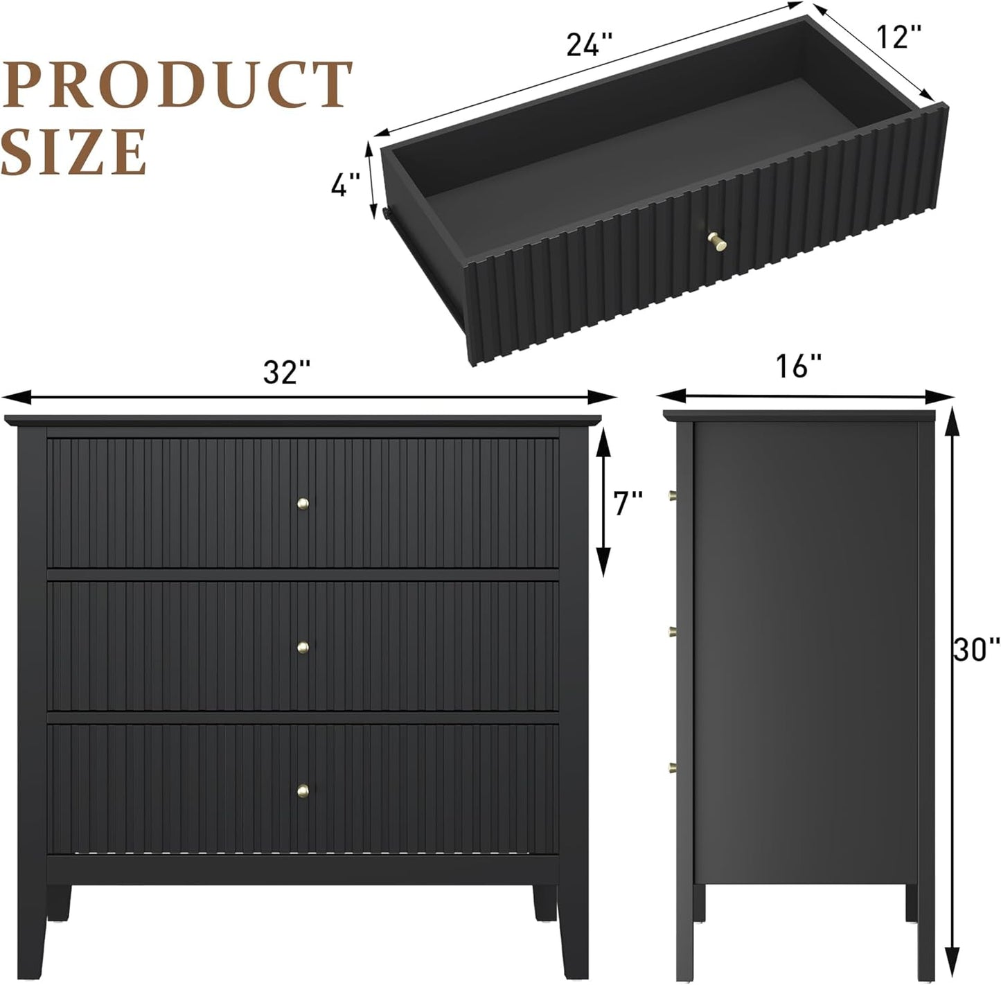 RoyalCraft Large 3 Drawer Dresser Set of 2, Fluted Chest of Drawers with Storage, Modern Painted 30 inch Tall Nightstand for Bedroom Living Room Entryway, Black