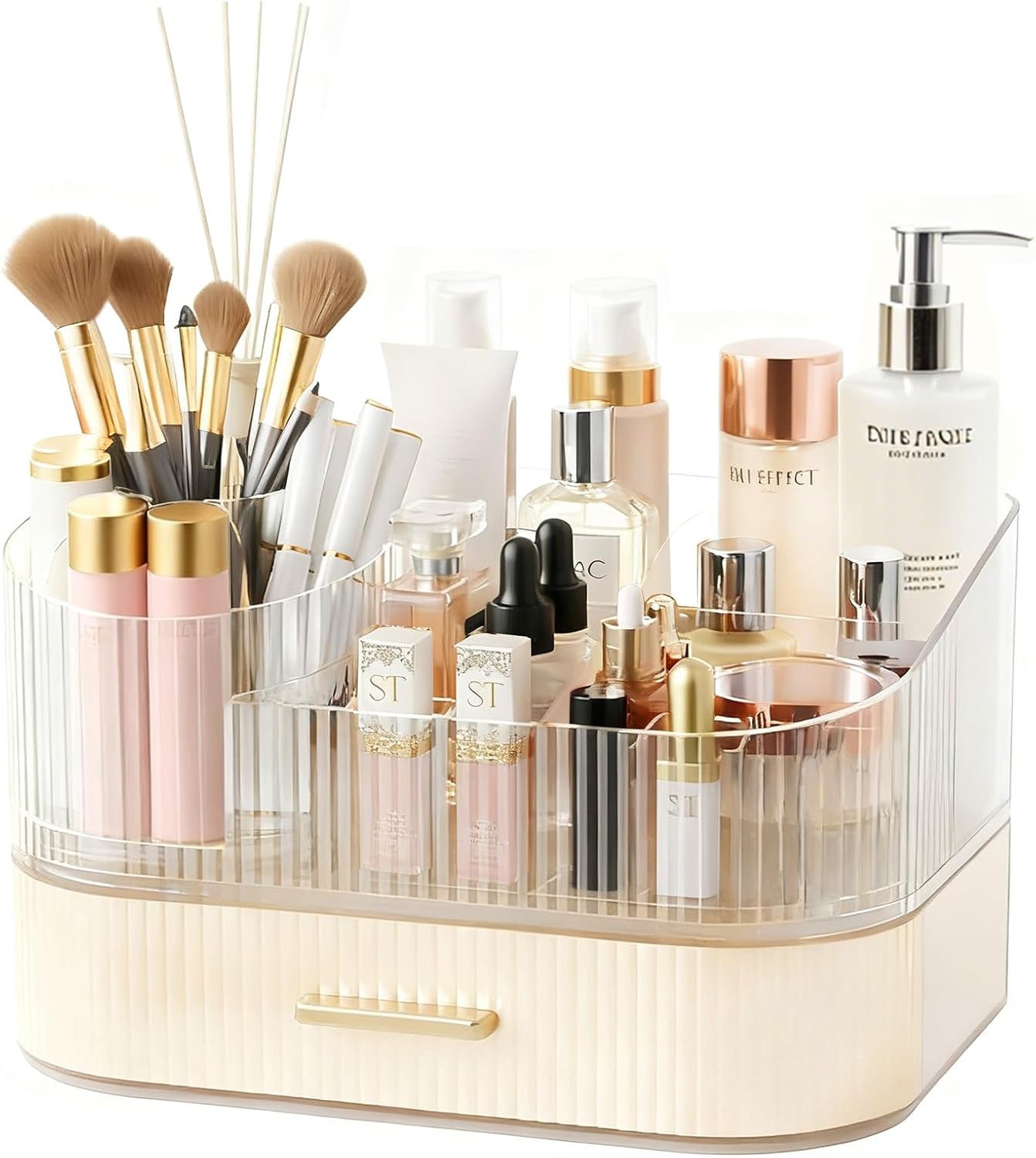 Makeup Organizer for Vanity with Stackable Drawers, 360 Rotating Makeup Brush Holder Large Cosmetic Display Case for Dresser, Bathroom Countertop Skincare Organizers and Storage