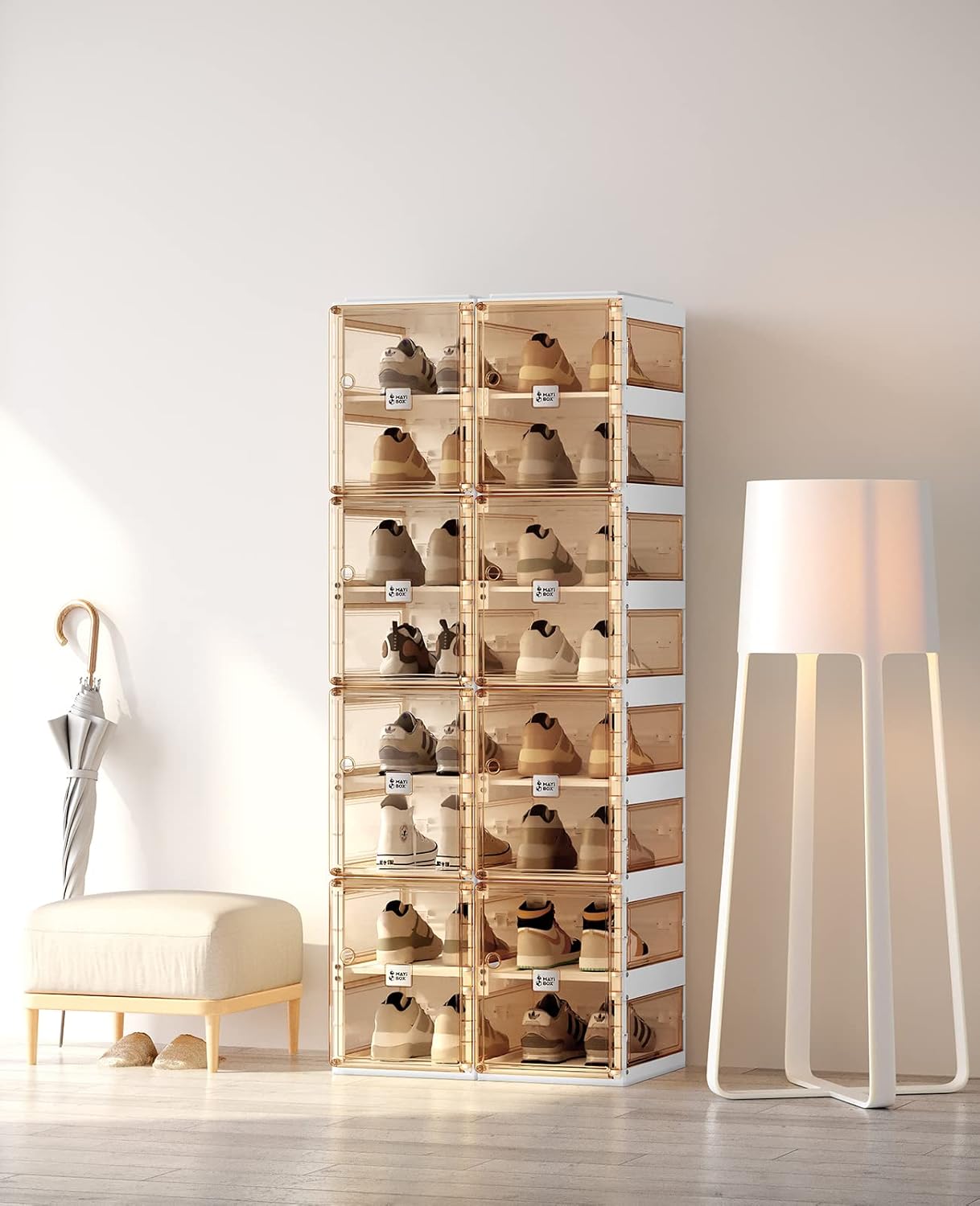 ANTBOX Foldable Shoe Rack,Shoe Organizers for Closet Plastic Shoe Storage Box for Entryway,Living Room,Large Sturdy Stackable Sneaker Cabinet Bins with Magnetic Clear Door 8 Tiers 16 Pairs