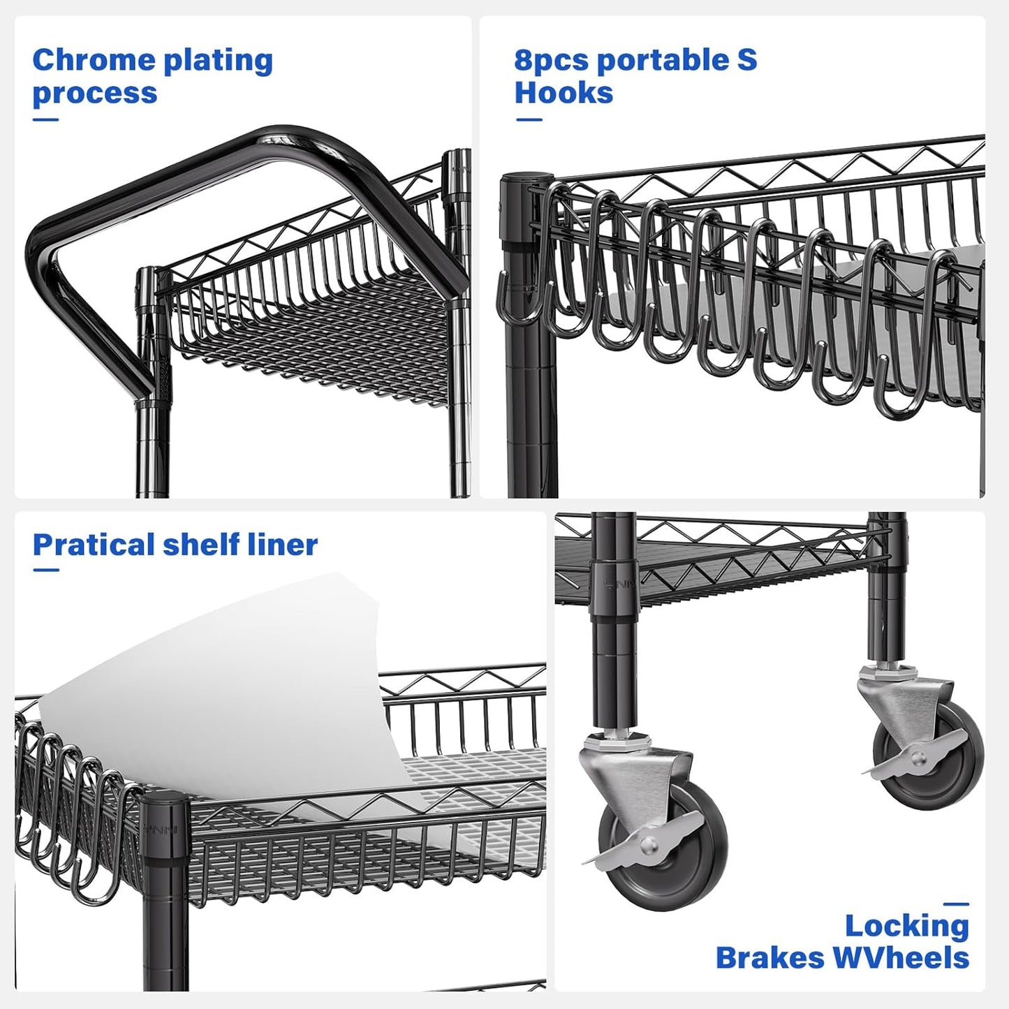 YNN Black Utility Rolling Cart,990Lbs 3 Tier Heavy Duty Metal Cart with Wheels & Handle NSF Wheeled Cart 31" D x 18" W x 33" H for Bedroom, Bathroom, Kitchen,Garden,Decor,Serving