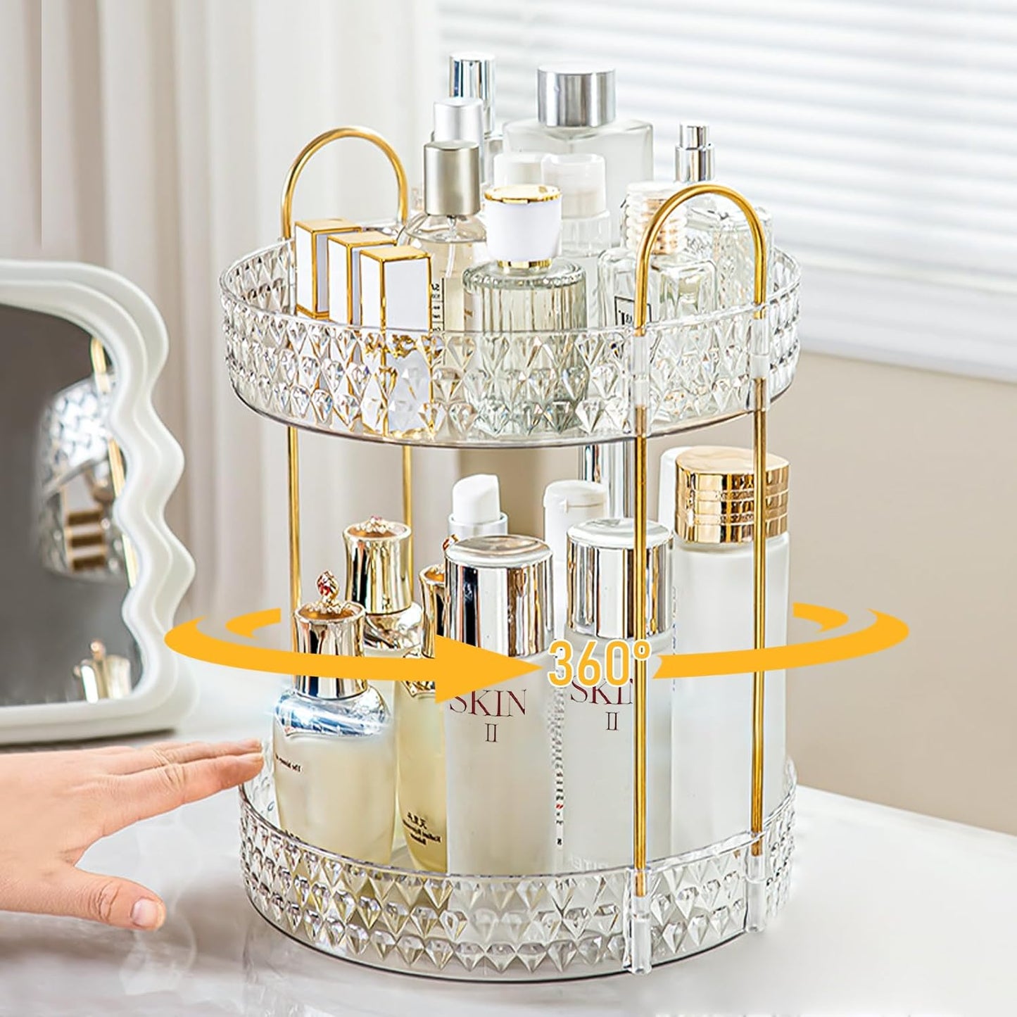 Rotating Makeup Organizer for Vanity, 2 Tier Perfume Skincare Storage for Women, Bathroom Counter Organizer, 360 Spinning Cosmetic Holder for Dresser Countertop, Clear