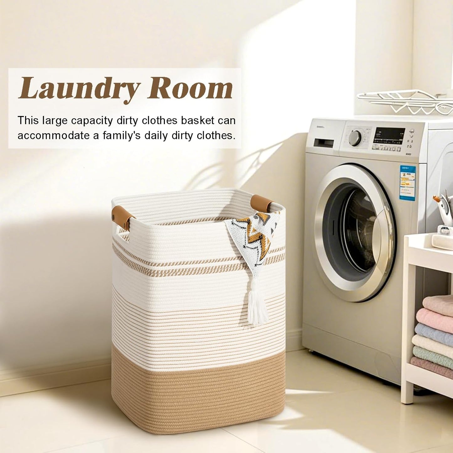 Laundry Hamper, 75L Tall Laundry Basket with Leather Handles, Rectangle Large Clothes Hamper for Organizing, Cotton Woven Laundry Baskets Storage Hampers for Bedroom, Nursery, Living Room