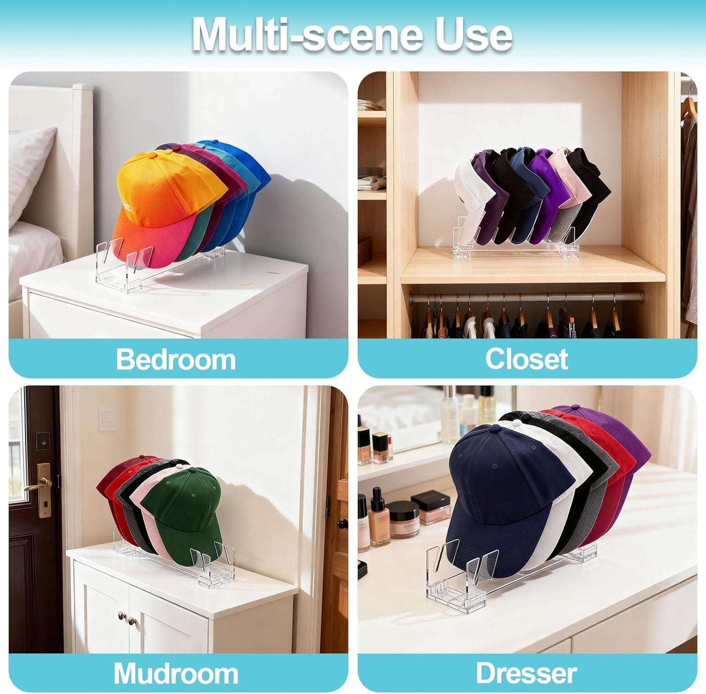 Hat Organizer for Baseball Caps, 2 Pack Upgrade Acrylic Hat Stand for 14 Baseball Caps Storage Organizer, Easy Install Hat Holder Display and Organization for Bedroom, Closet, Dresser-Clear