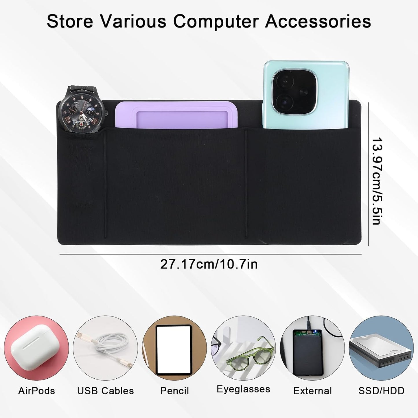 3-Pocket Mouse Holder for Laptop Stick on, Portable External Hard Drive SSD Holder Adhesive Storage Sleeve Laptop Organizer for Mouse HDD SSD Cables Computer Accessories